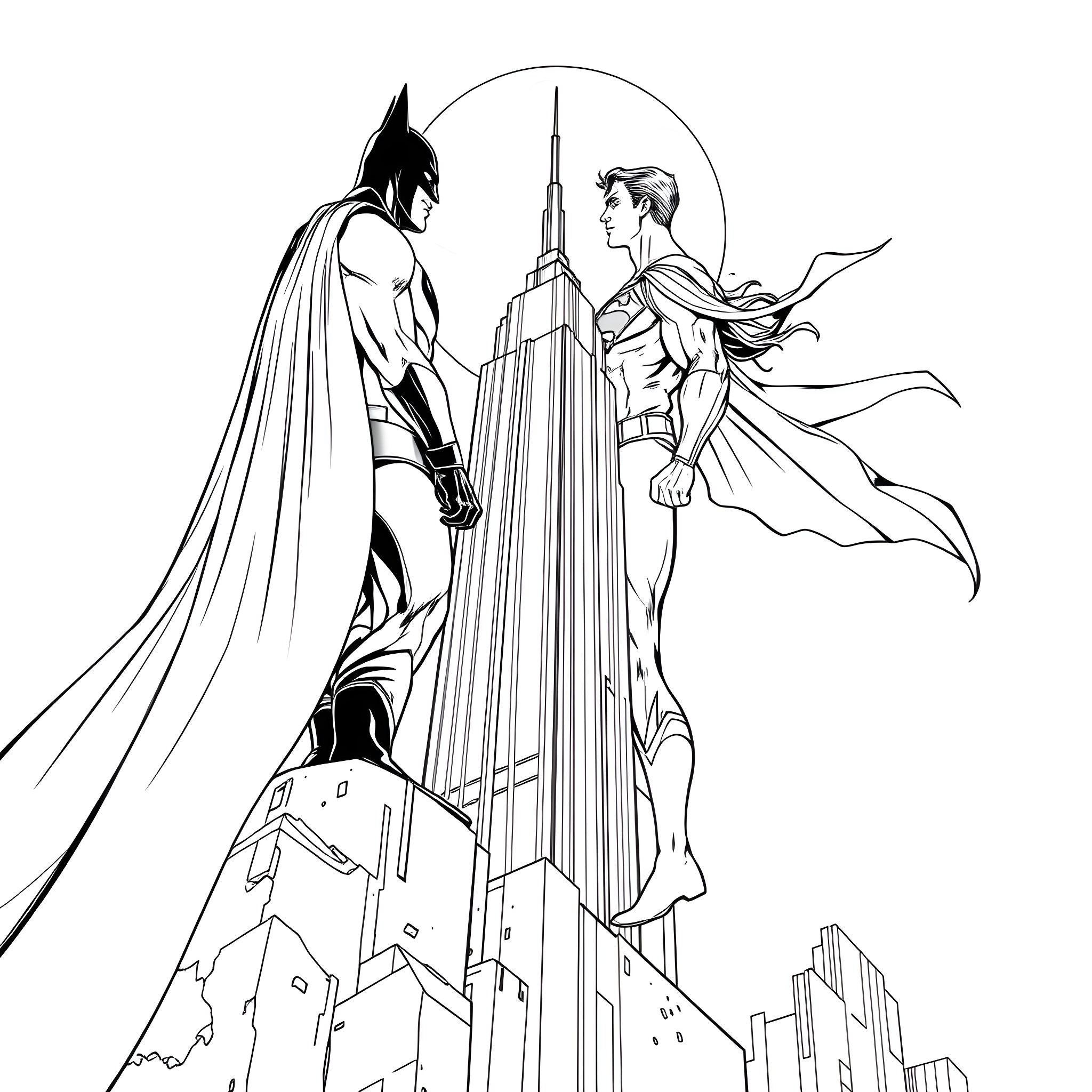 Batman vs Superman Face-Off Atop Skyscraper Coloring Page (free black-and-white line drawing printable PDF for all, from beginners to advanced learners, including children, teens, adults, and seniors)