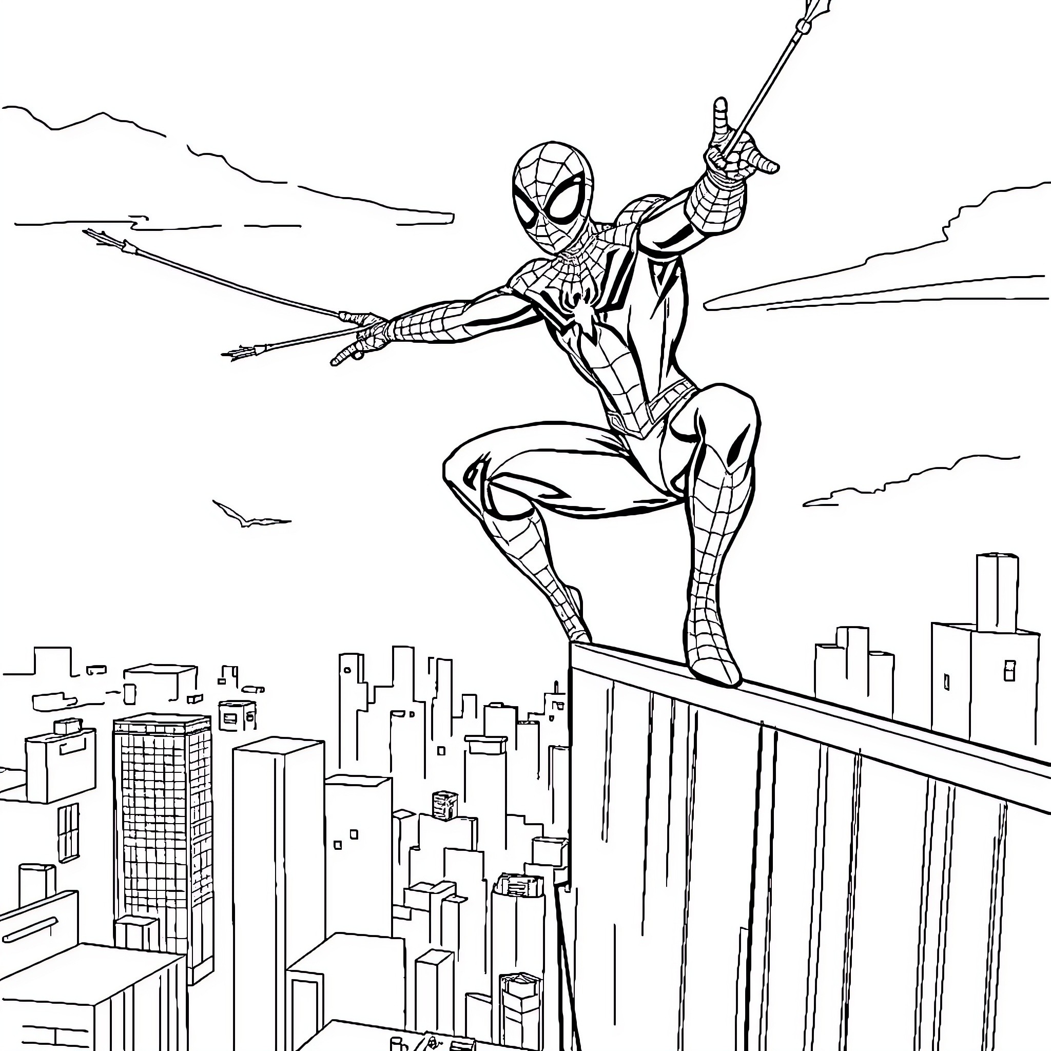 Spiderman swinging through the city skyline Coloring Page (free black-and-white line drawing printable PDF for all, from beginners to advanced learners, including children, teens, adults, and seniors)