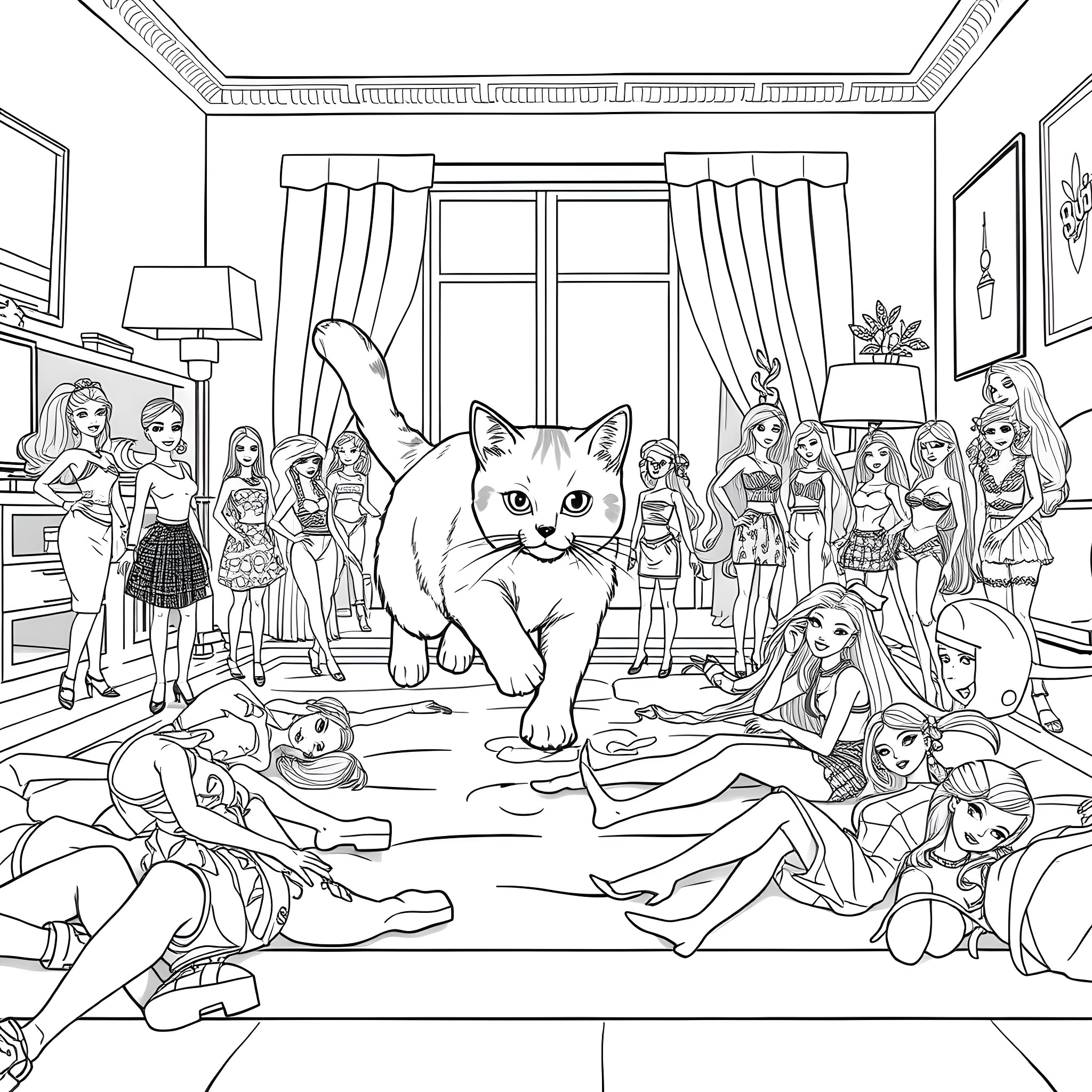 Cat causing chaos among dolls in room Coloring Page (free black-and-white line drawing printable PDF for all, from beginners to advanced learners, including children, teens, adults, and seniors)