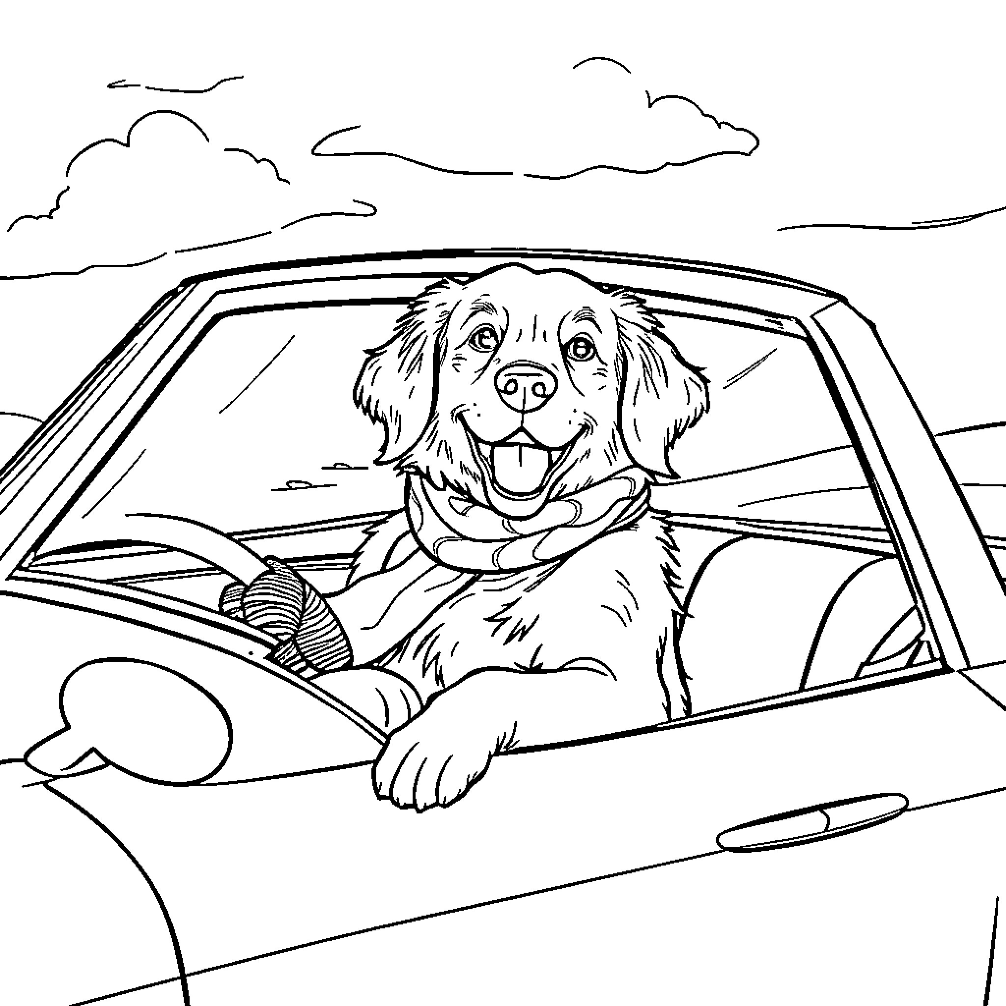Golden Retriever driving a car happily Coloring Page (free black-and-white line drawing printable PDF for all, from beginners to advanced learners, including children, teens, adults, and seniors)