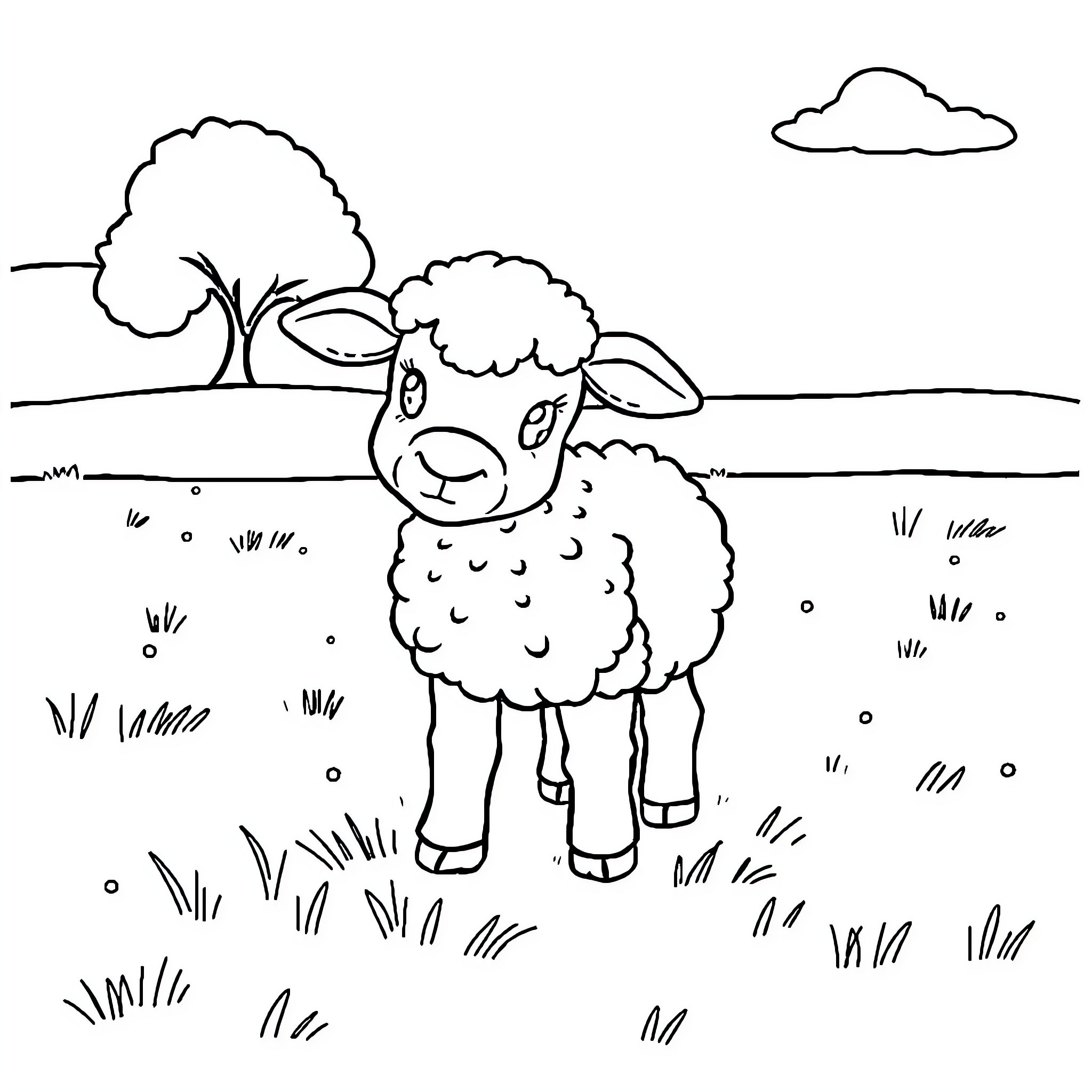 Sheep playing in a peaceful meadow Coloring Page (free black-and-white line drawing printable PDF for all, from beginners to advanced learners, including children, teens, adults, and seniors)