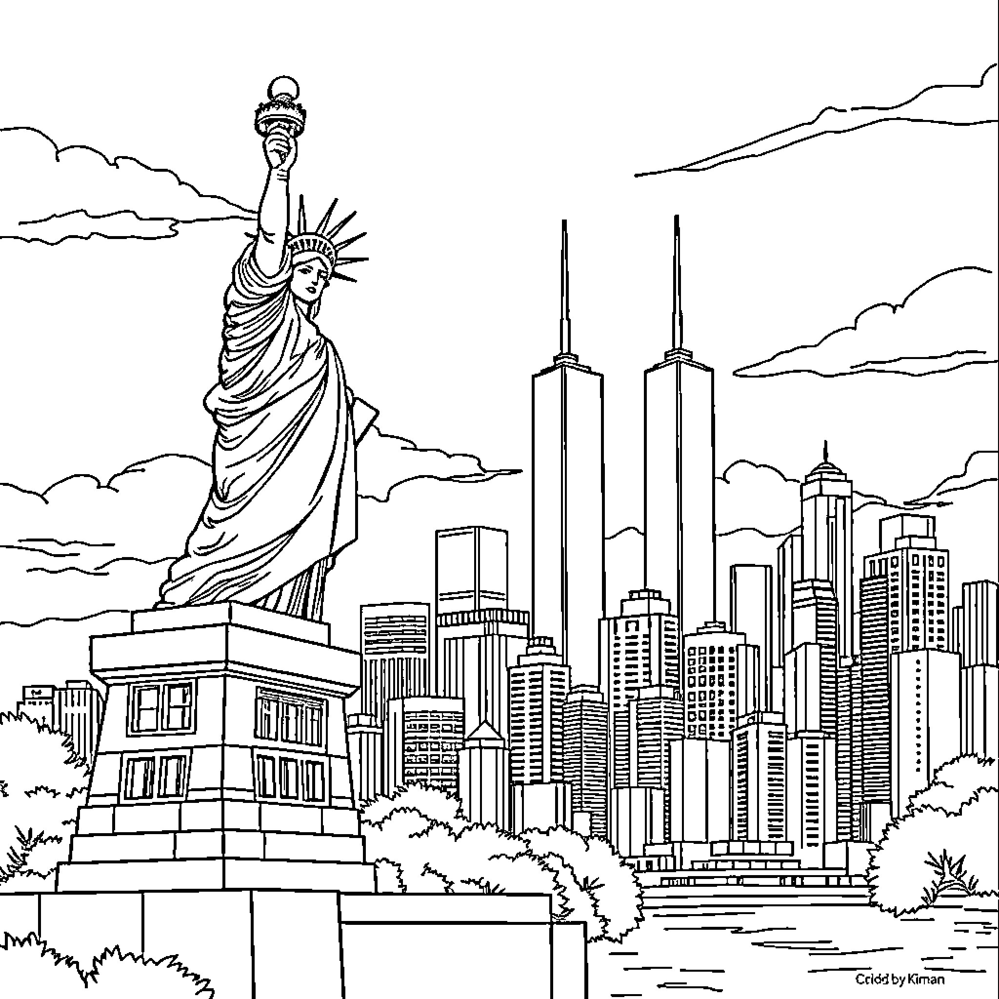 Statue Of Liberty overlooking New York City skyline Coloring Page (free black-and-white line drawing printable PDF for all, from beginners to advanced learners, including children, teens, adults, and seniors)