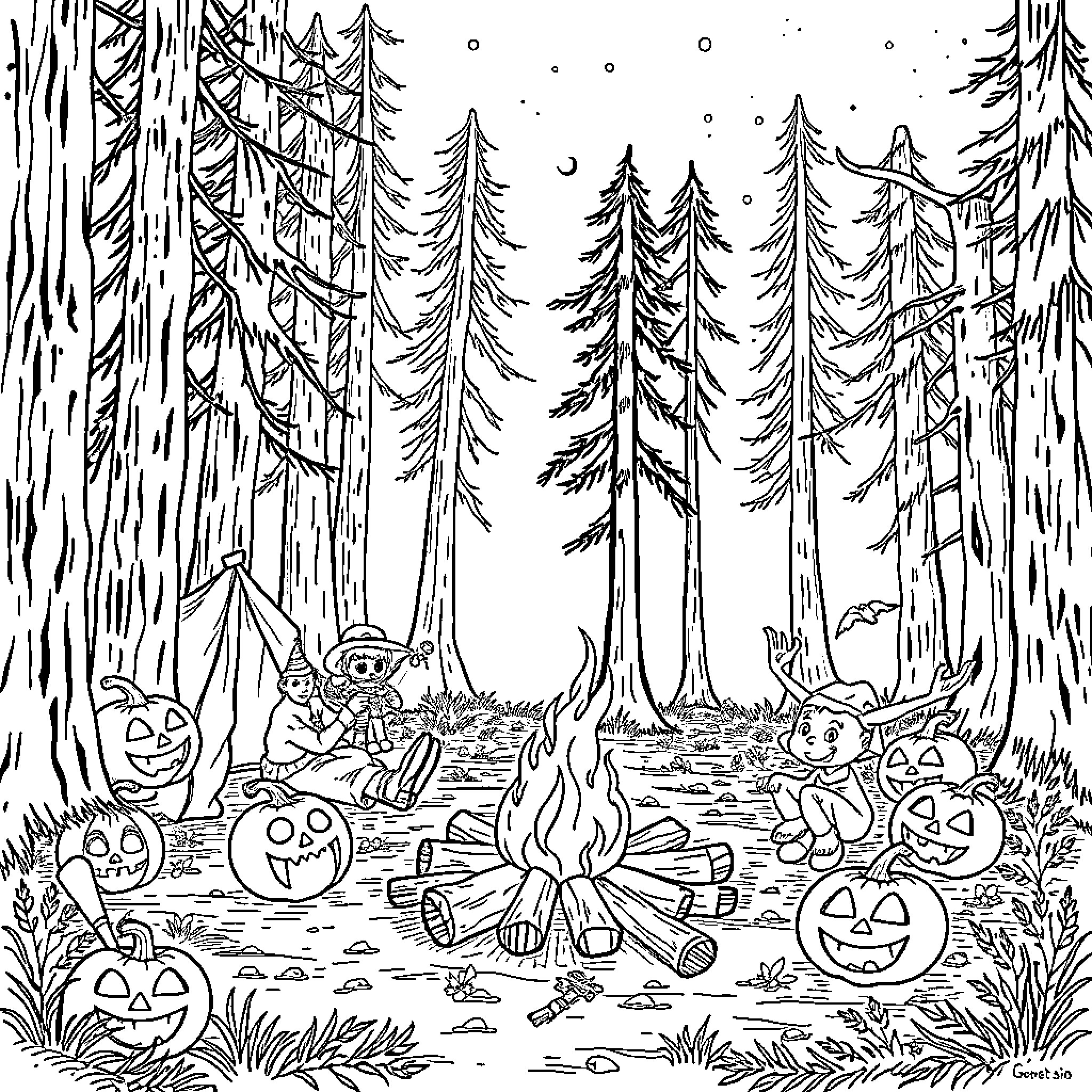 Halloween camping adventure in the forest Coloring Page (free black-and-white line drawing printable PDF for all, from beginners to advanced learners, including children, teens, adults, and seniors)