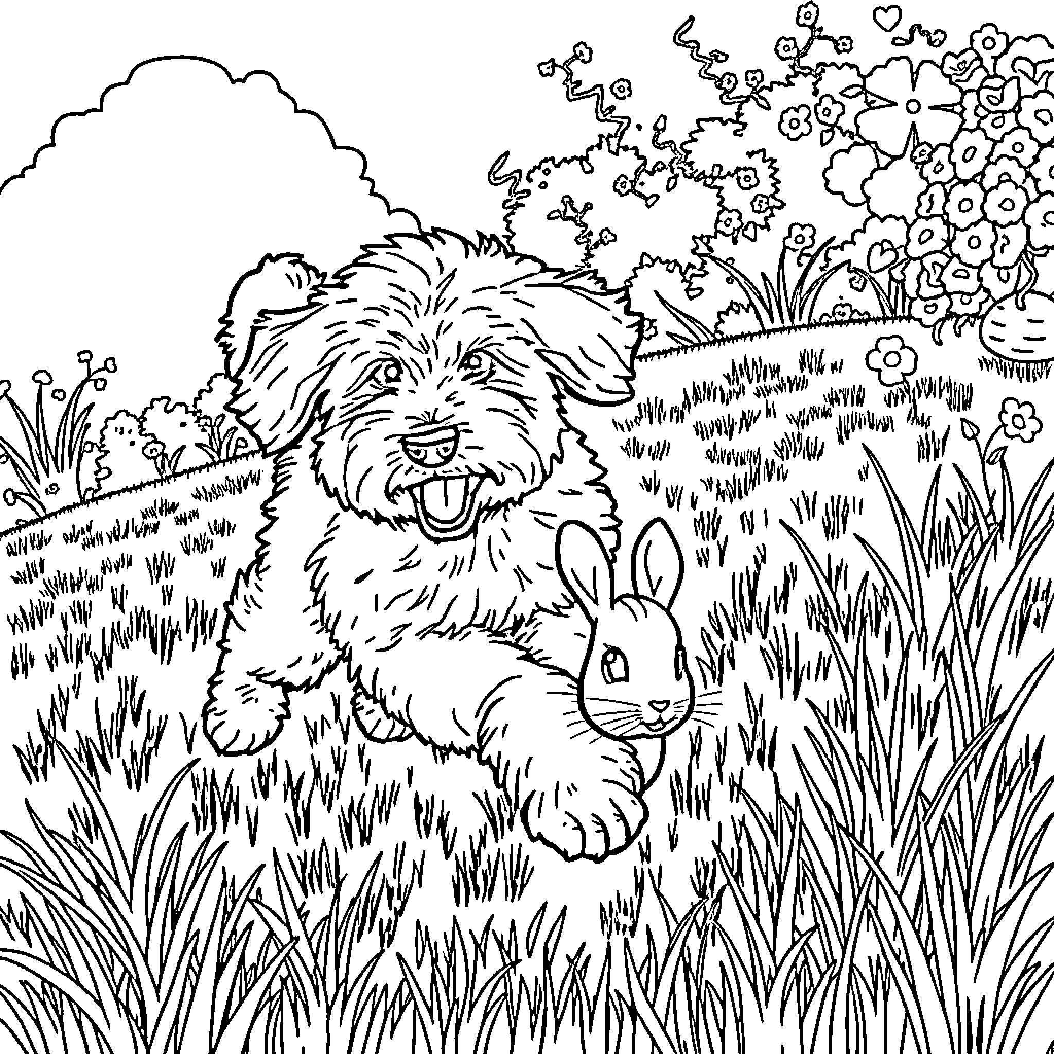 Labradoodle playfully chasing a rabbit in the meadow Coloring Page (free black-and-white line drawing printable PDF for all, from beginners to advanced learners, including children, teens, adults, and seniors)
