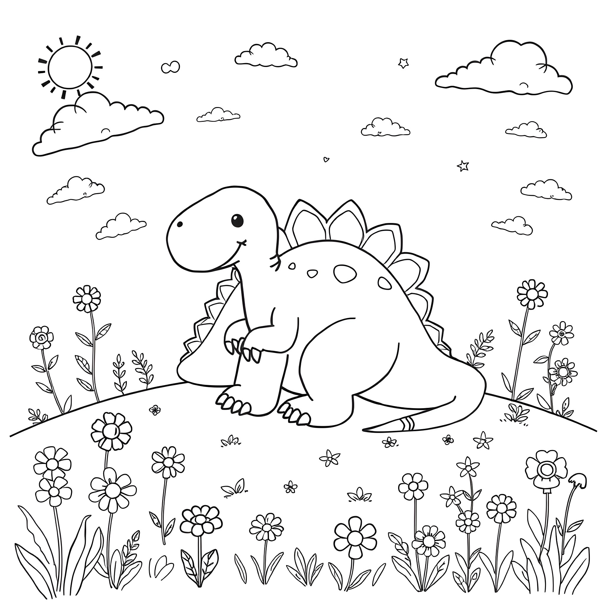 Dinosaur playing in a colorful garden Coloring Page (free black-and-white line drawing printable PDF for all, from beginners to advanced learners, including children, teens, adults, and seniors)