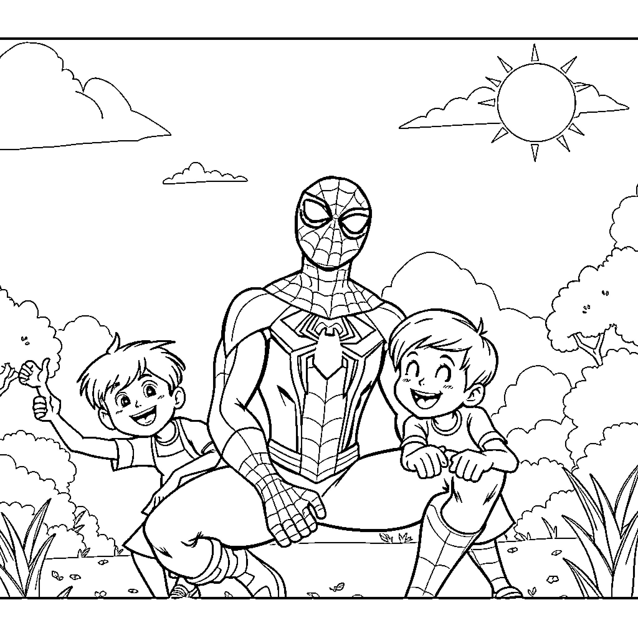 Spiderman enjoying an adventure with friends in the park Coloring Page (free black-and-white line drawing printable PDF for all, from beginners to advanced learners, including children, teens, adults, and seniors)