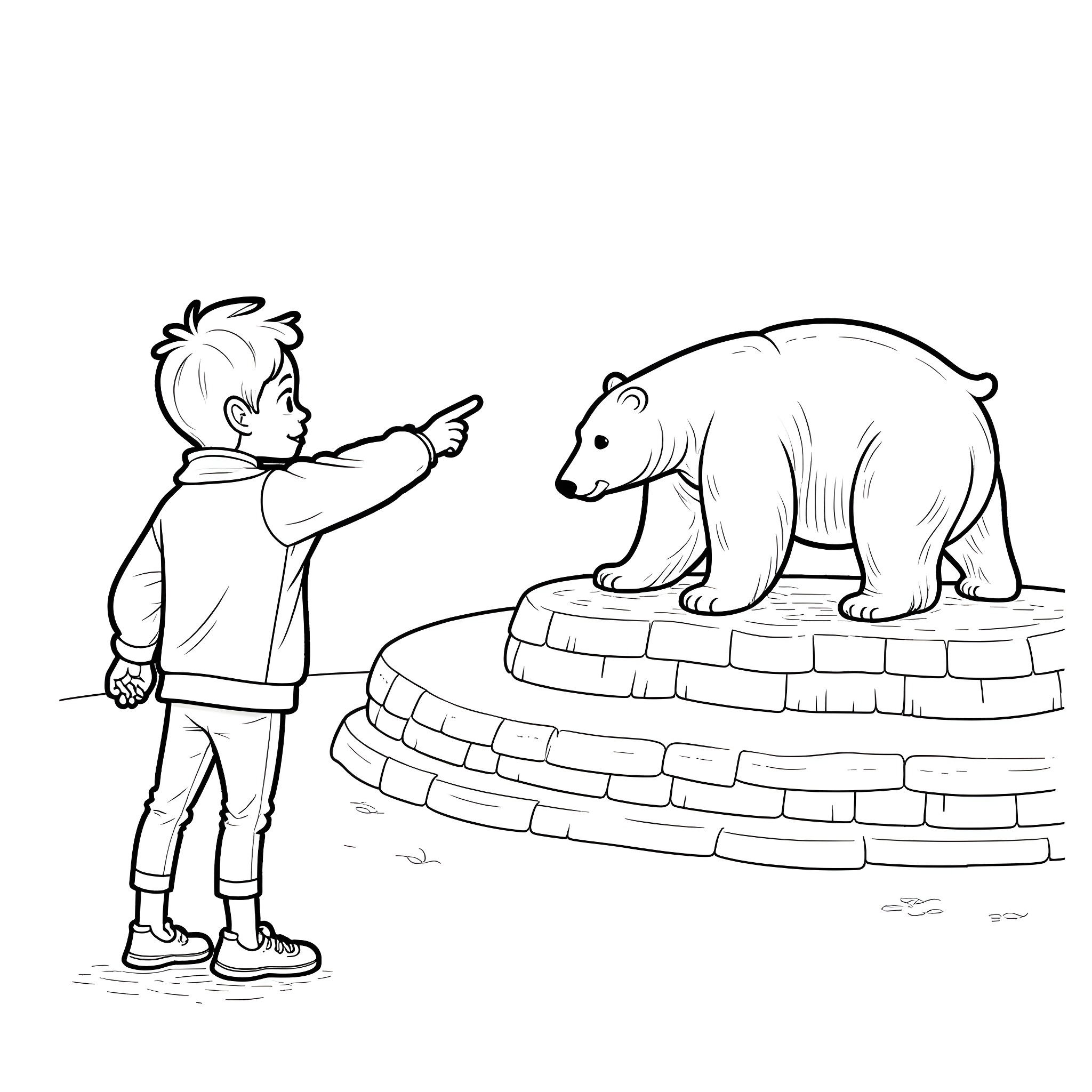 Boy observing polar bear exhibit at the zoo Coloring Page (free black-and-white line drawing printable PDF for all, from beginners to advanced learners, including children, teens, adults, and seniors)