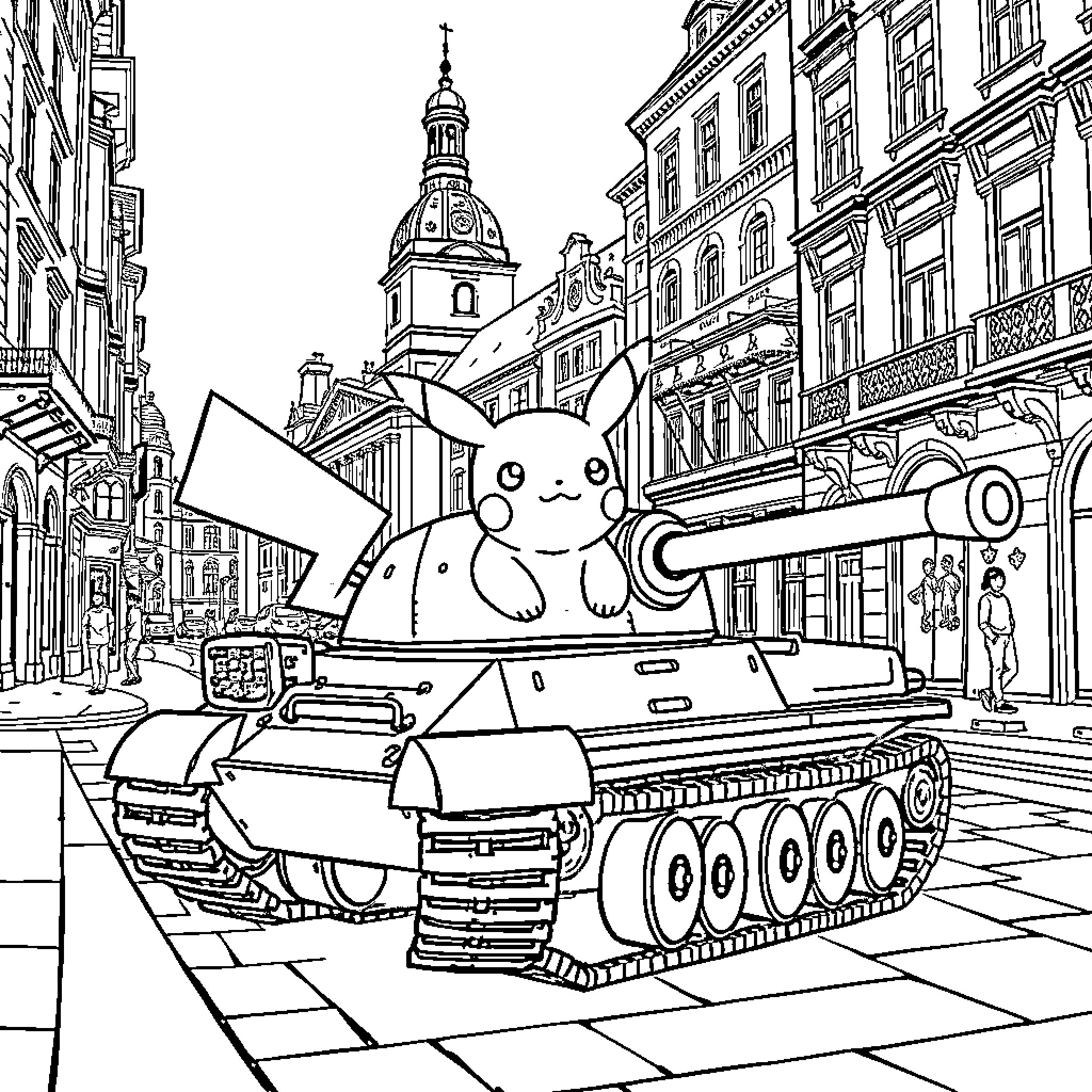 Pikachu rides a tank in a historic city Coloring Page (free black-and-white line drawing printable PDF for all, from beginners to advanced learners, including children, teens, adults, and seniors)