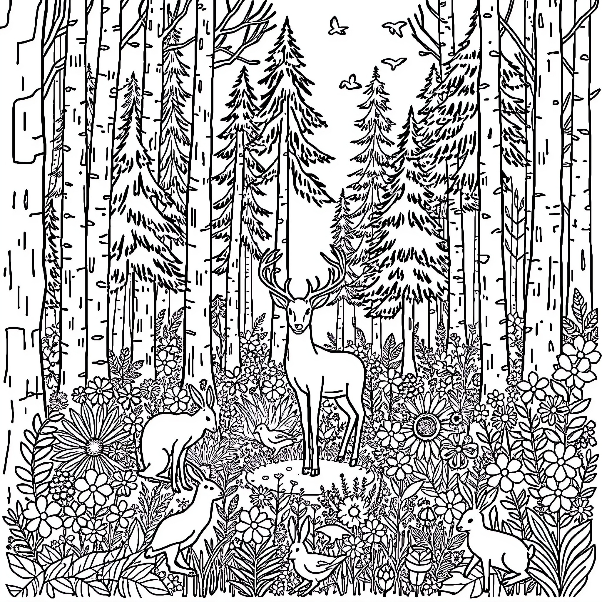 Animal forest with deer and rabbits in the flowers Coloring Page (free black-and-white line drawing printable PDF for all, from beginners to advanced learners, including children, teens, adults, and seniors)