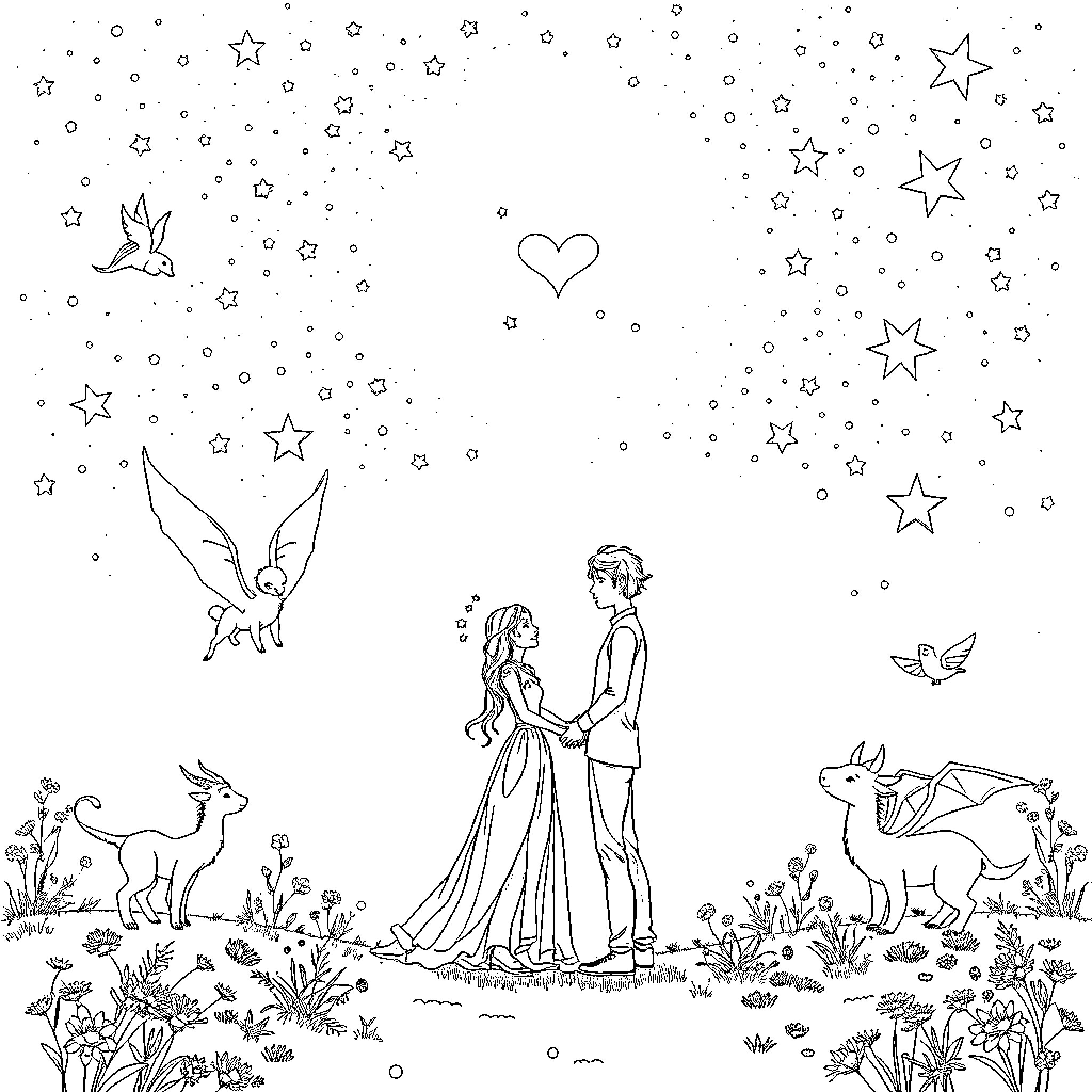 Romantasy couple surrounded by fantasy creatures and stars Coloring Page (free black-and-white line drawing printable PDF for all, from beginners to advanced learners, including children, teens, adults, and seniors)