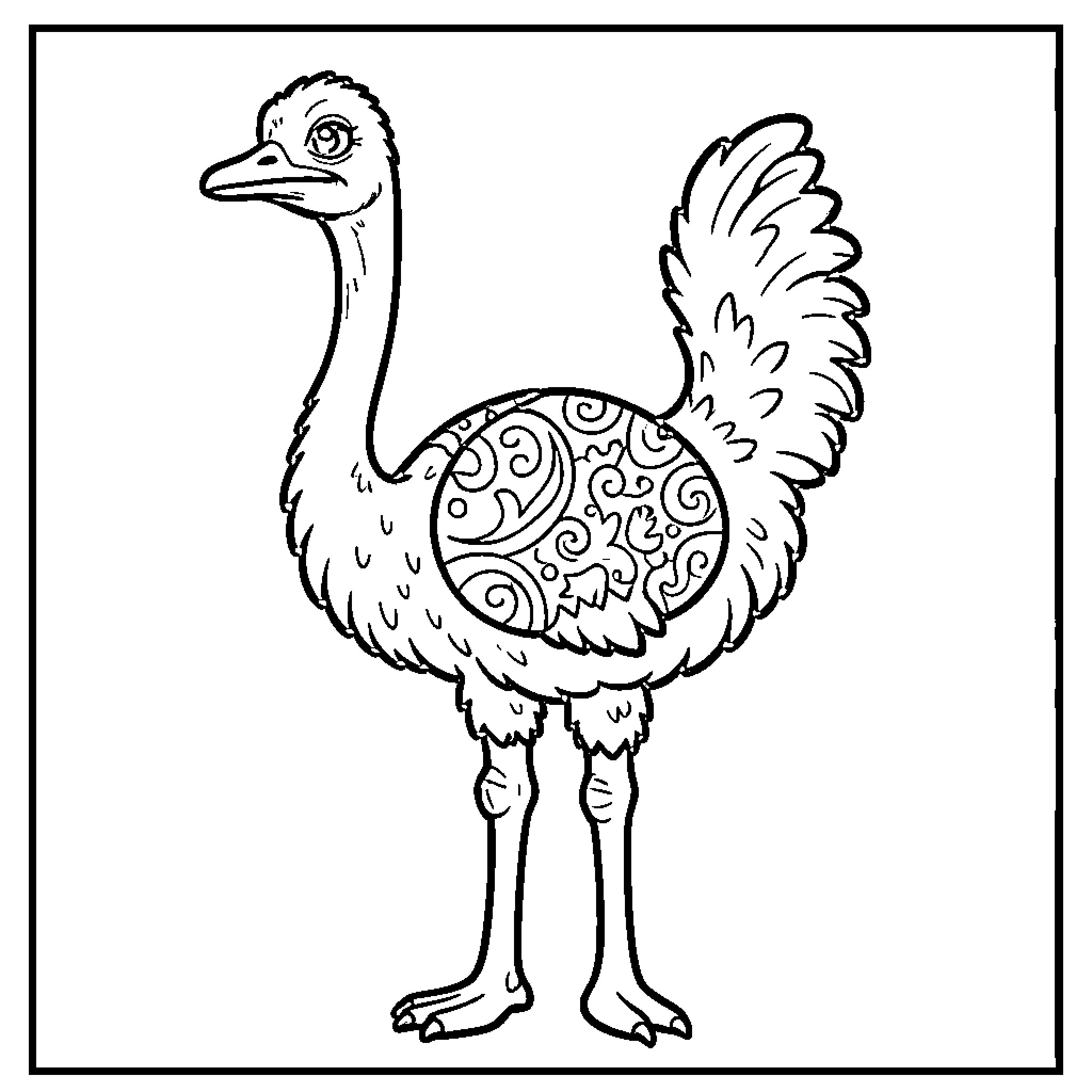 Ostrich with ornate patterned body and wings Coloring Page (free black-and-white line drawing printable PDF for all, from beginners to advanced learners, including children, teens, adults, and seniors)