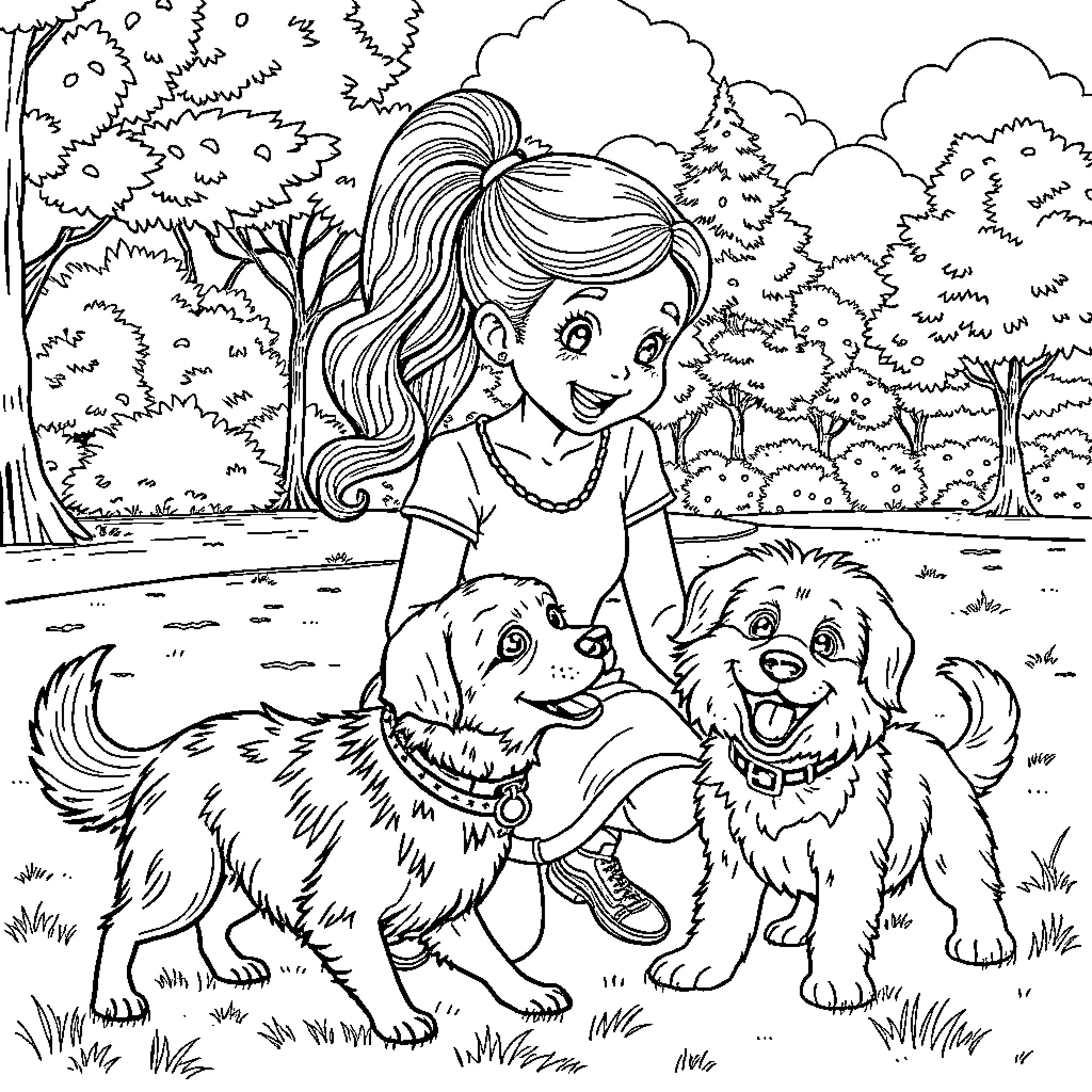 Lady with her Playful Puppies in the Woods Coloring Page (free black-and-white line drawing printable PDF for all, from beginners to advanced learners, including children, teens, adults, and seniors)