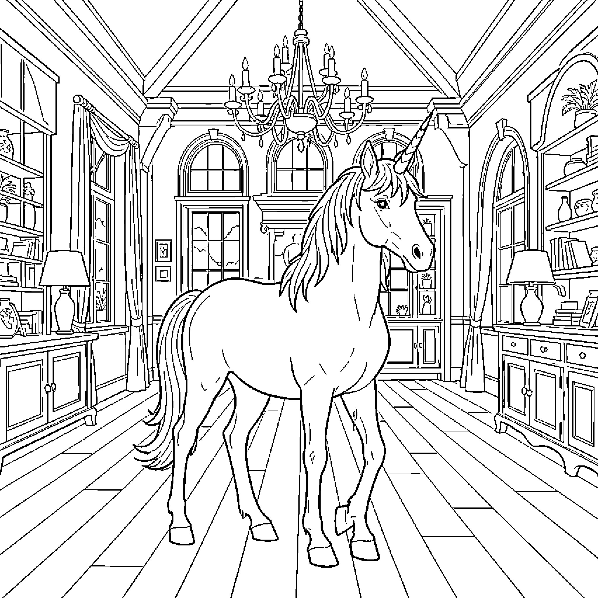 Unicorn standing majestically inside a grand room Coloring Page (free black-and-white line drawing printable PDF for all, from beginners to advanced learners, including children, teens, adults, and seniors)