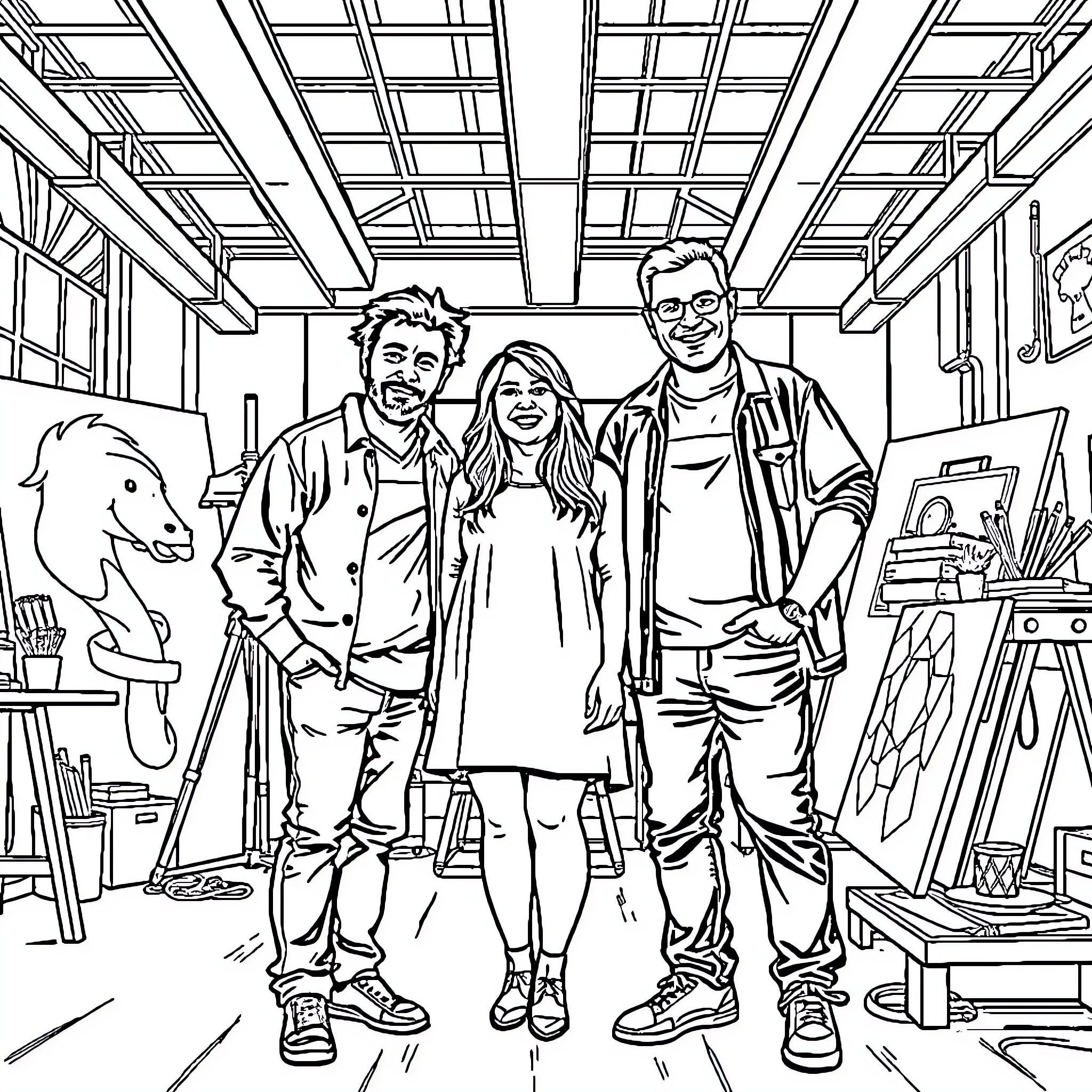Creator's Artistic Family Portrait in Workspace Coloring Page (free black-and-white line drawing printable PDF for all, from beginners to advanced learners, including children, teens, adults, and seniors)