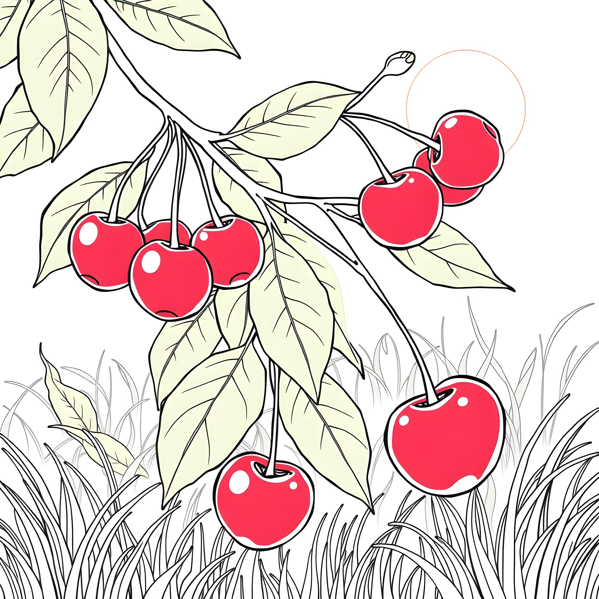 Cherry Tree Branch with Vibrant Cherries Coloring Page (free black-and-white line drawing printable PDF for all, from beginners to advanced learners, including children, teens, adults, and seniors)