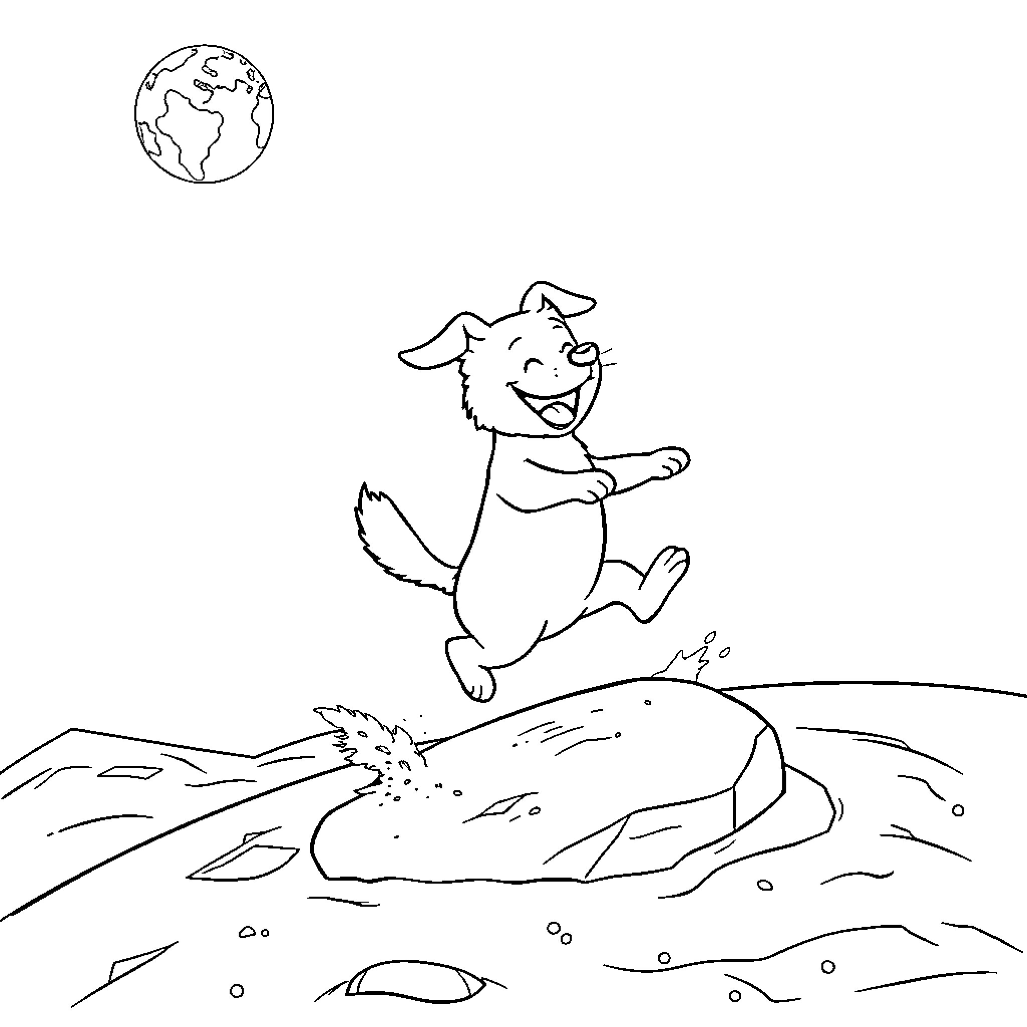 Dog happily jumping over rocks in the wilderness Coloring Page (free black-and-white line drawing printable PDF for all, from beginners to advanced learners, including children, teens, adults, and seniors)