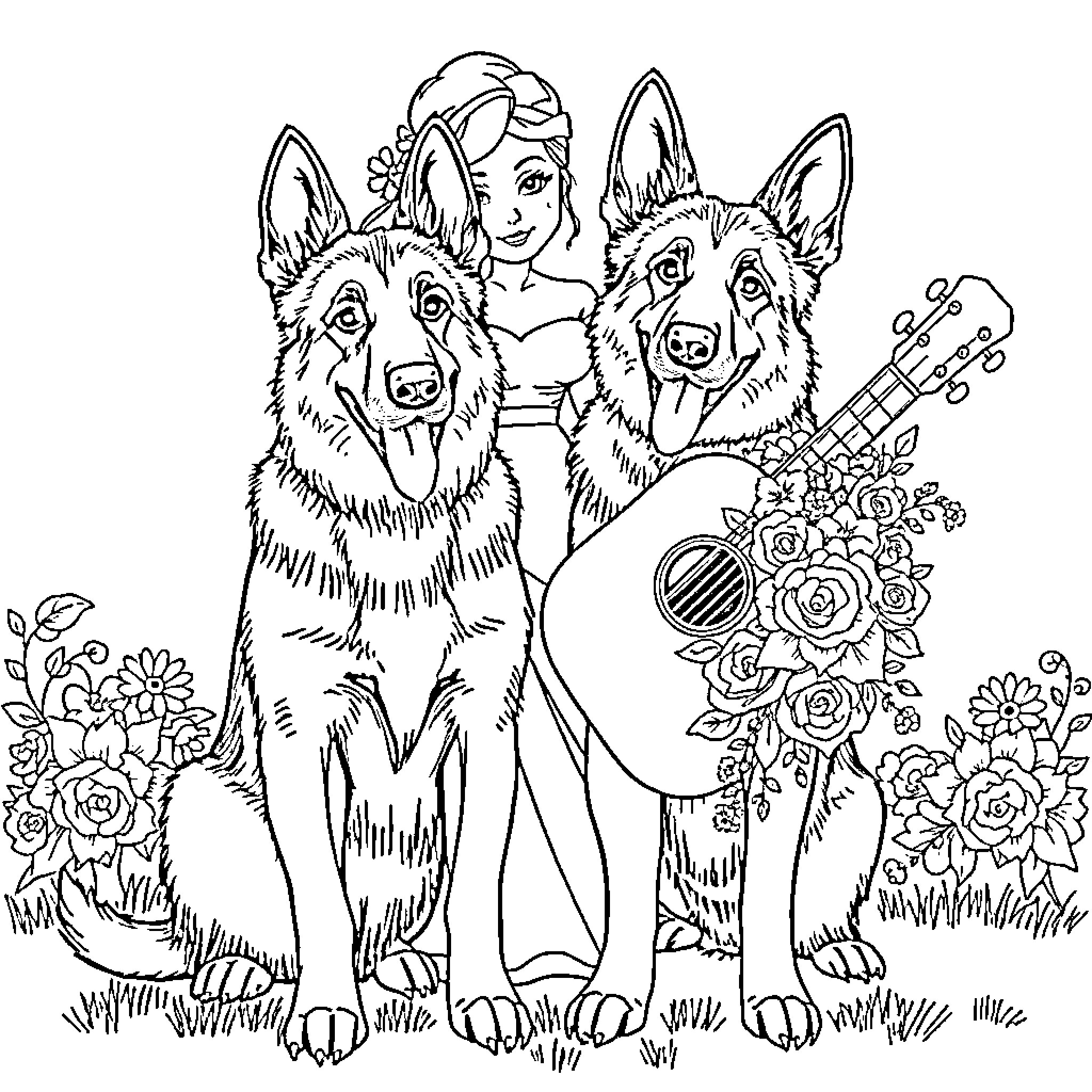 German Shepherd dogs playing with a woman in a garden Coloring Page (free black-and-white line drawing printable PDF for all, from beginners to advanced learners, including children, teens, adults, and seniors)