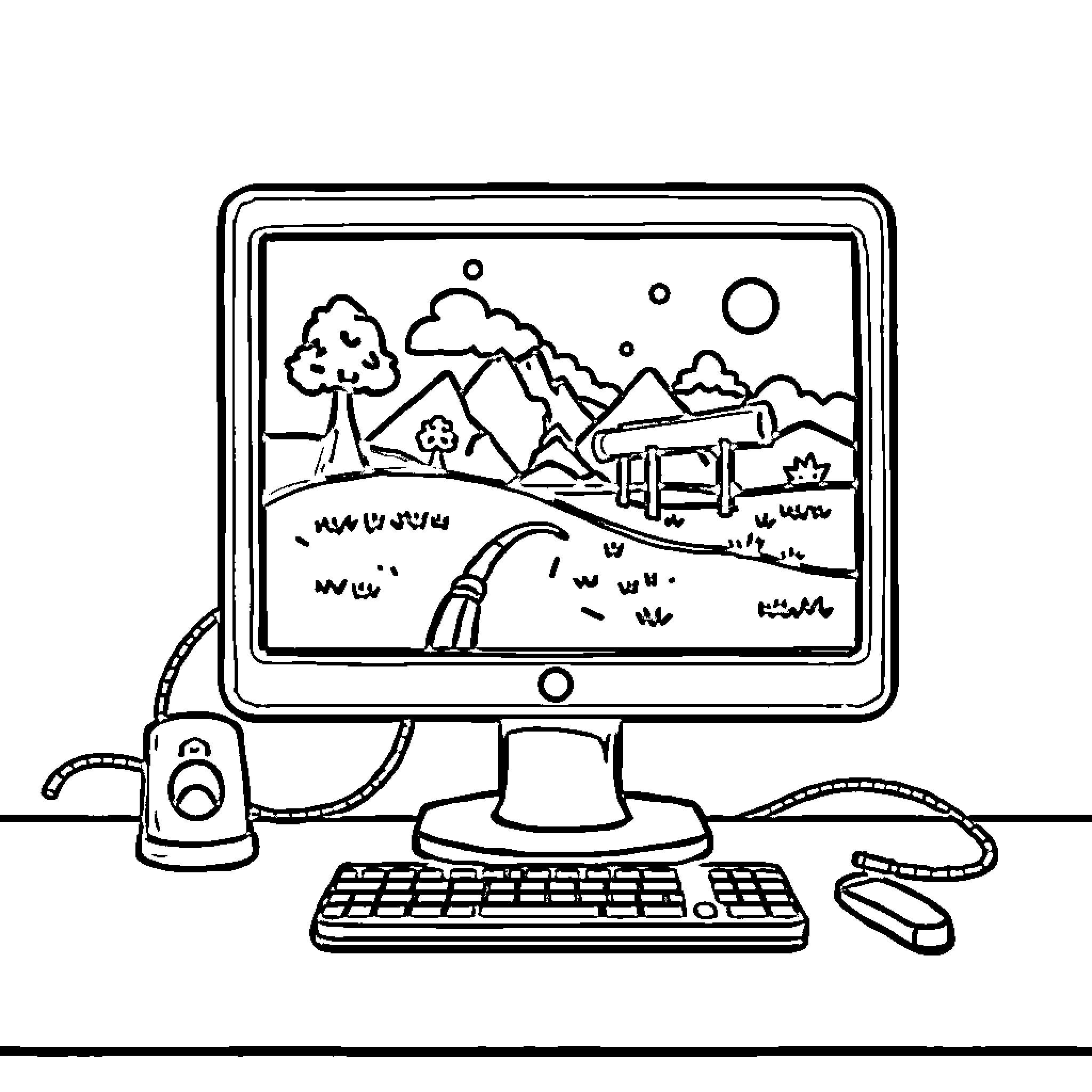 Pixel Landscape Displayed on Computer Screen Coloring Page (free black-and-white line drawing printable PDF for all, from beginners to advanced learners, including children, teens, adults, and seniors)