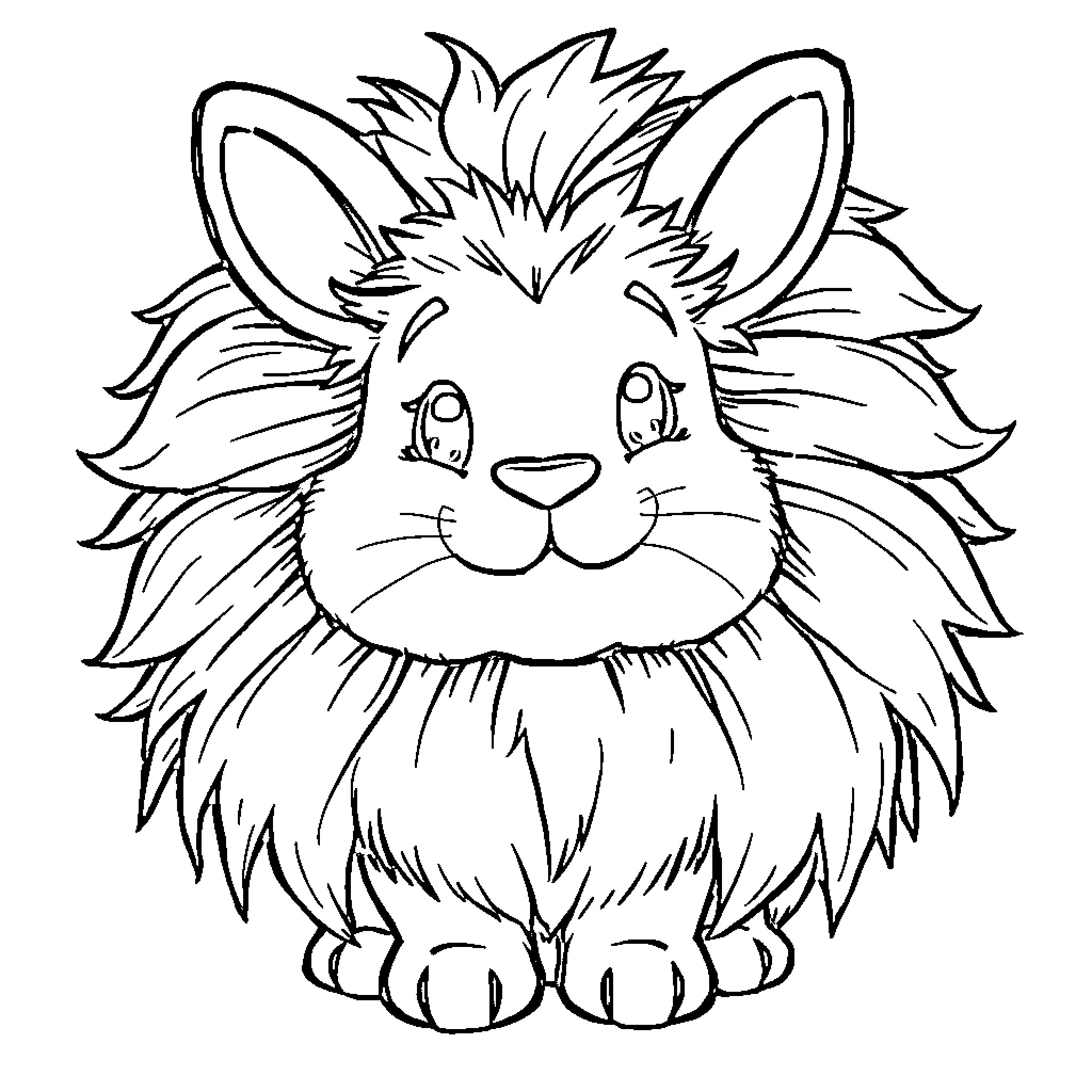 Lion Mane Rabbit with Cute Expression Coloring Page (free black-and-white line drawing printable PDF for all, from beginners to advanced learners, including children, teens, adults, and seniors)