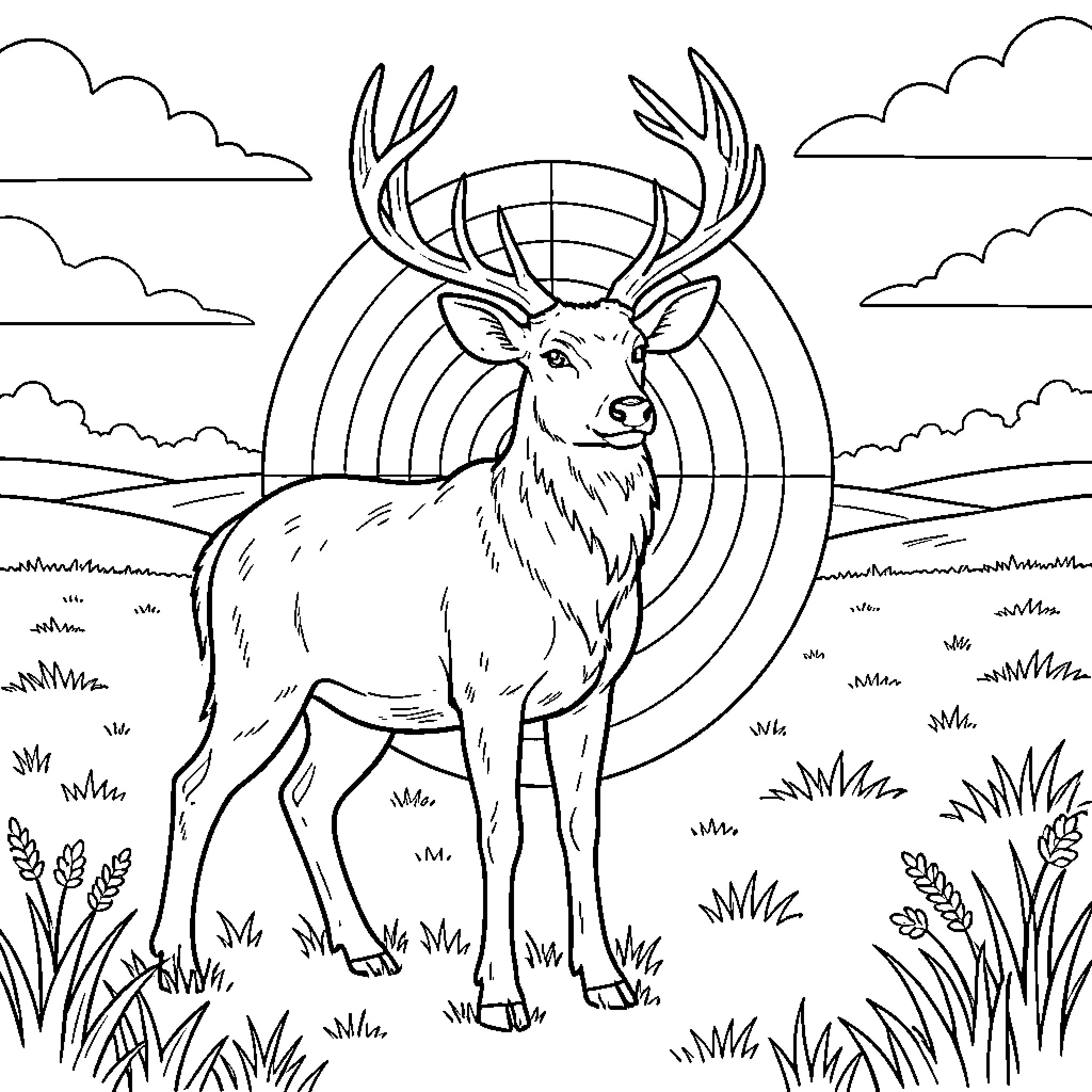 Deer standing in a serene outdoor scene Coloring Page (free black-and-white line drawing printable PDF for all, from beginners to advanced learners, including children, teens, adults, and seniors)