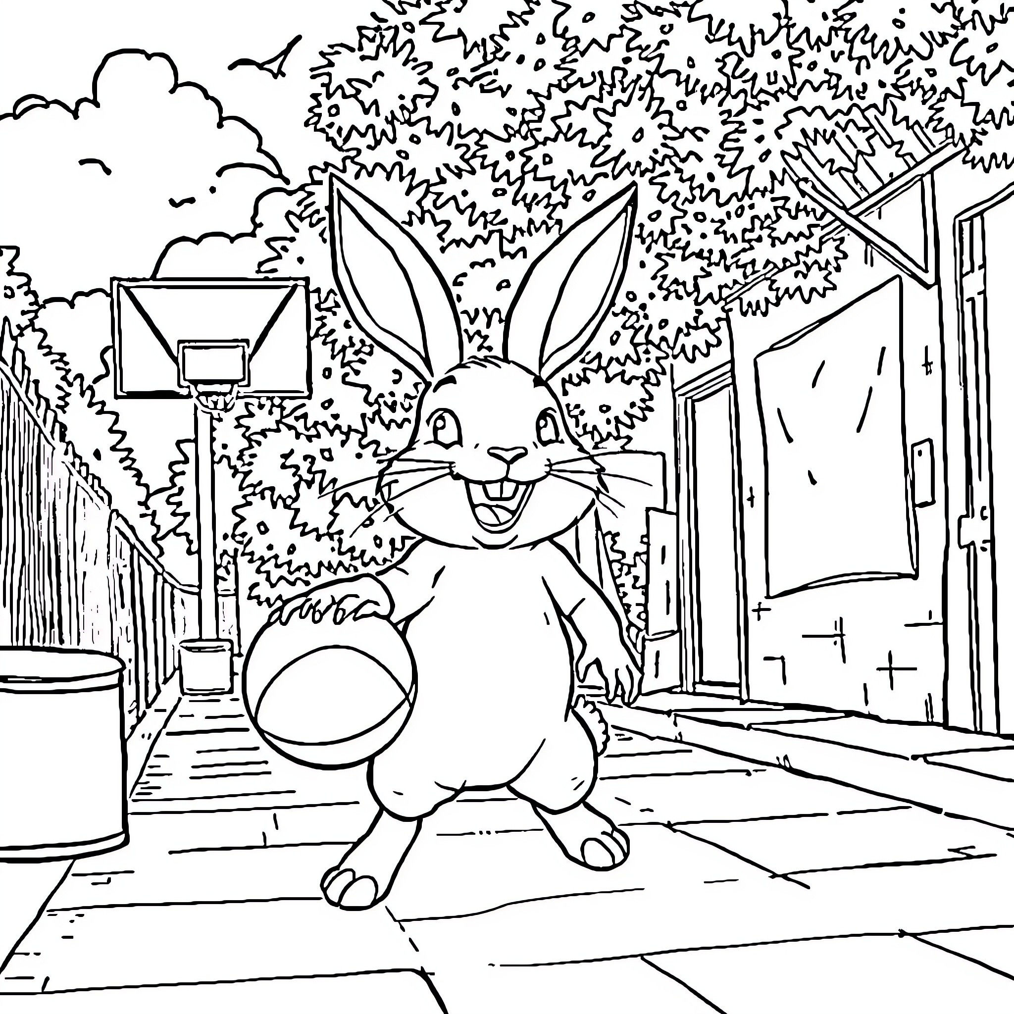 Rabbit Exploring a Whimsical Neighborhood Coloring Page (free black-and-white line drawing printable PDF for all, from beginners to advanced learners, including children, teens, adults, and seniors)