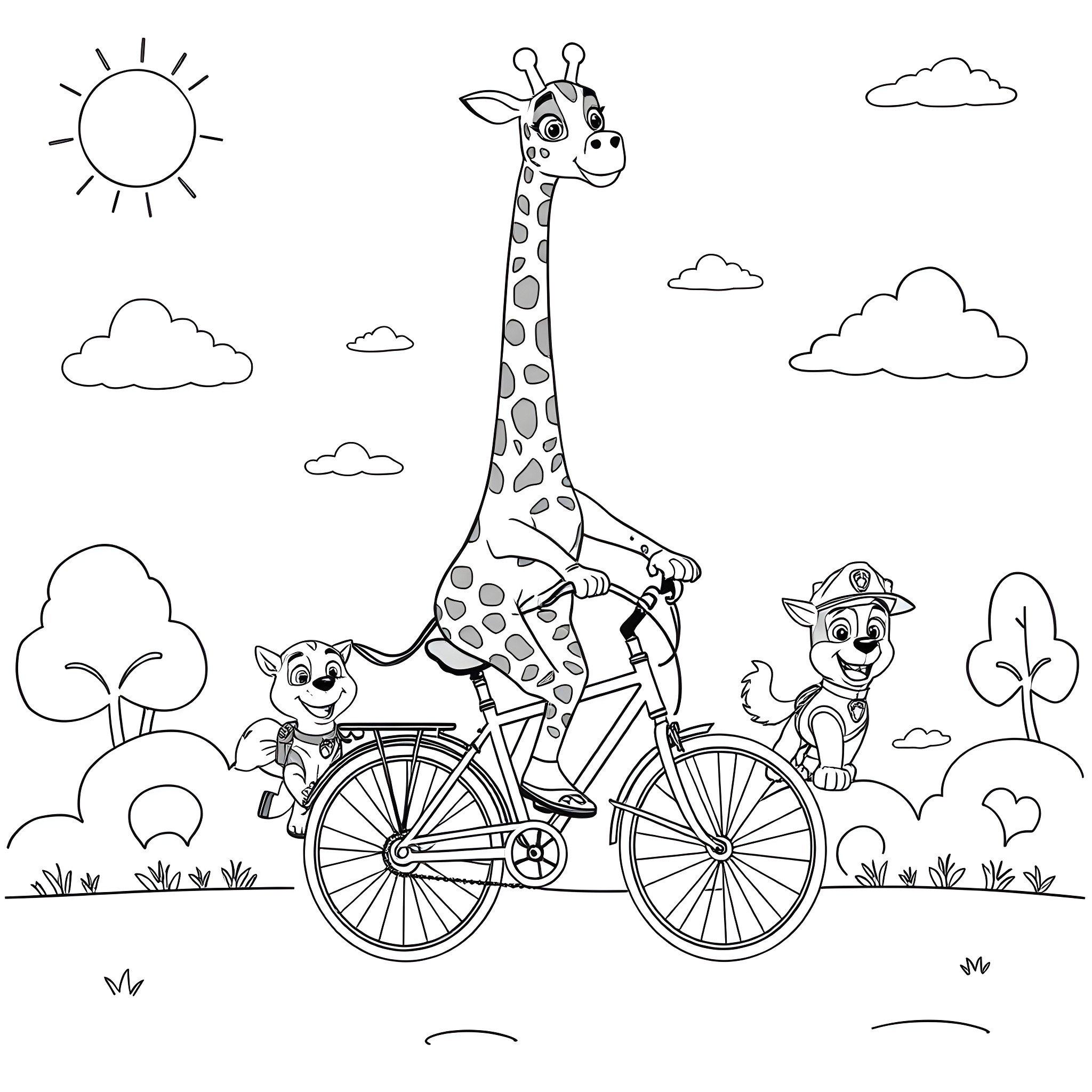 Giraffe riding a bicycle with animal friends Coloring Page (free black-and-white line drawing printable PDF for all, from beginners to advanced learners, including children, teens, adults, and seniors)