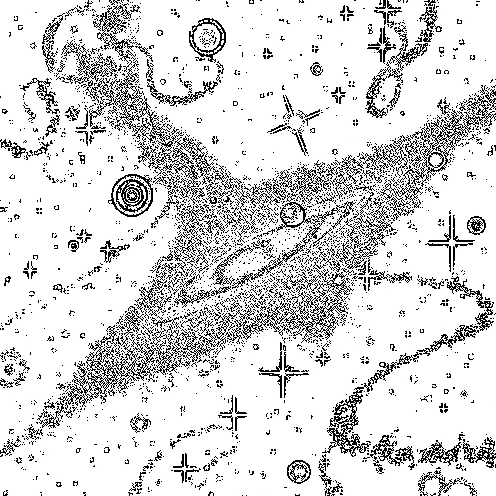 Universe of celestial bodies and cosmic formations Coloring Page (free black-and-white line drawing printable PDF for all, from beginners to advanced learners, including children, teens, adults, and seniors)