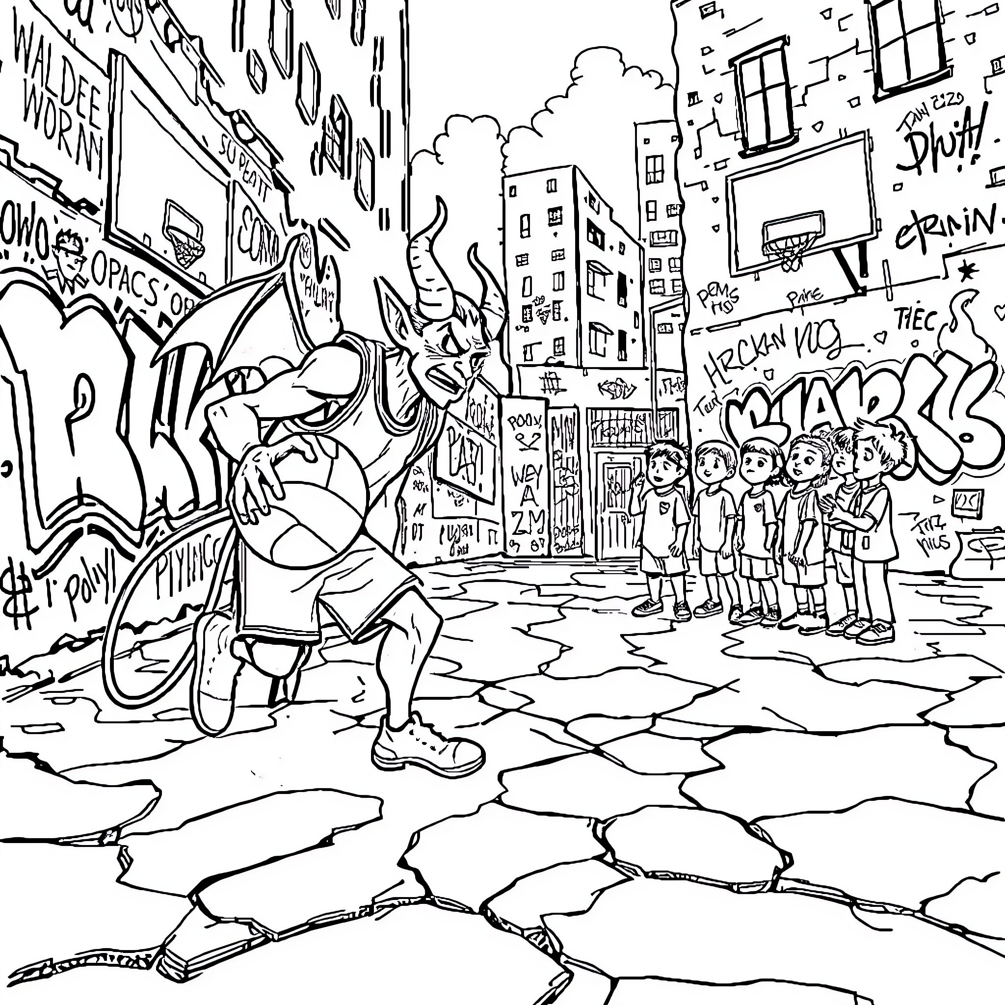 Devil Spreading Chaos and Discord in the City Streets Coloring Page (free black-and-white line drawing printable PDF for all, from beginners to advanced learners, including children, teens, adults, and seniors)
