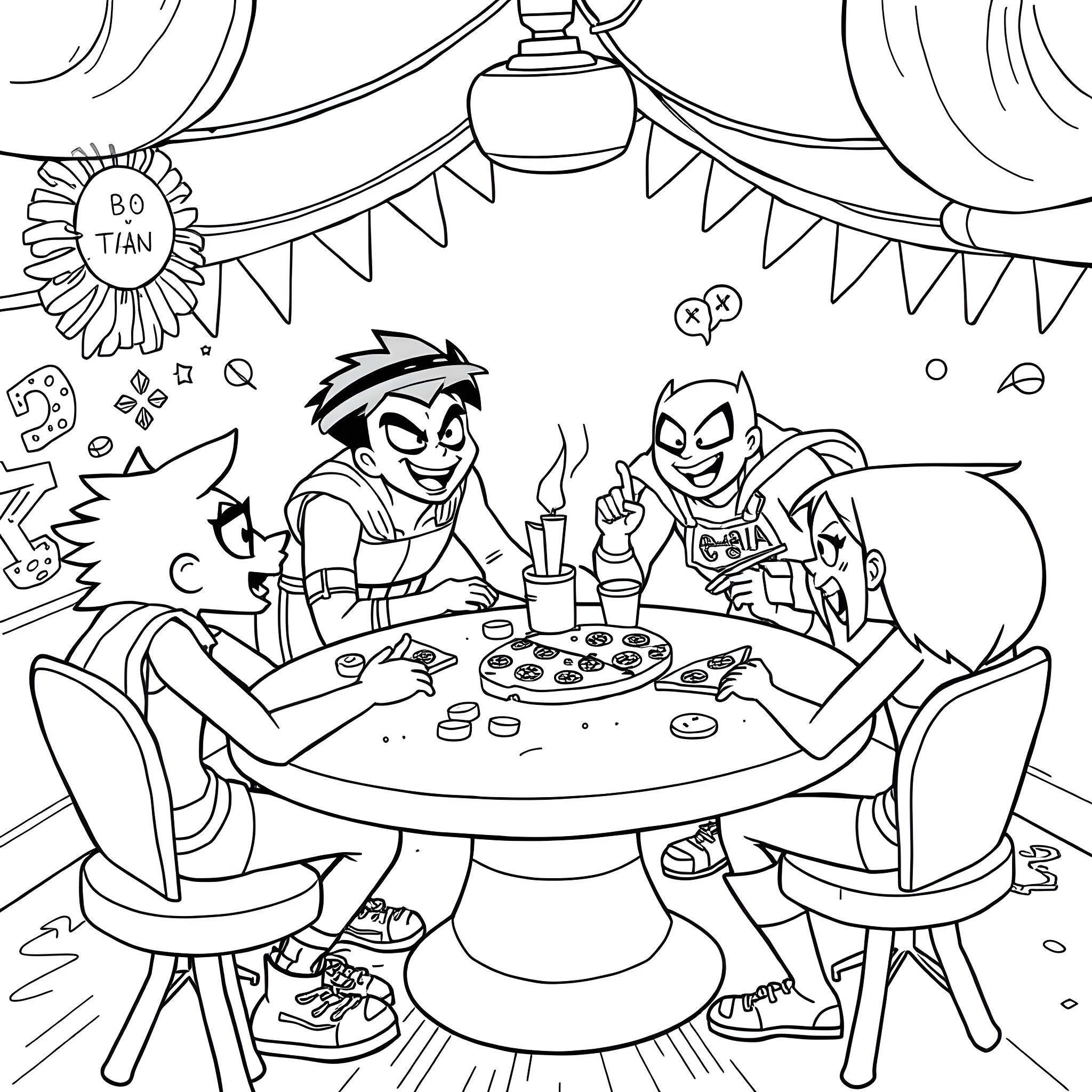 Teen Titans Having a Fun Party Coloring Page (free black-and-white line drawing printable PDF for all, from beginners to advanced learners, including children, teens, adults, and seniors)