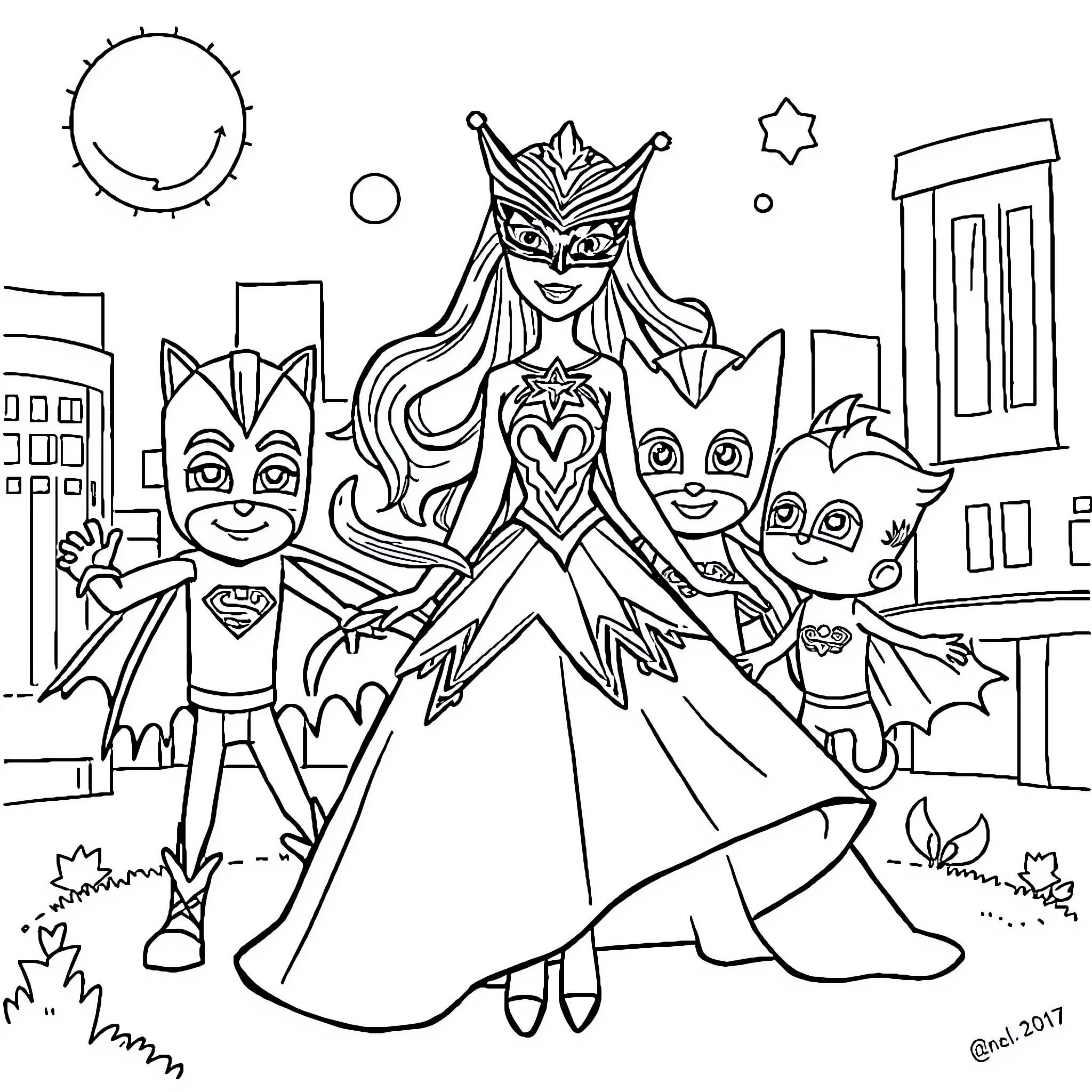 Barbie's Heroic Adventure in the City Coloring Page (free black-and-white line drawing printable PDF for all, from beginners to advanced learners, including children, teens, adults, and seniors)