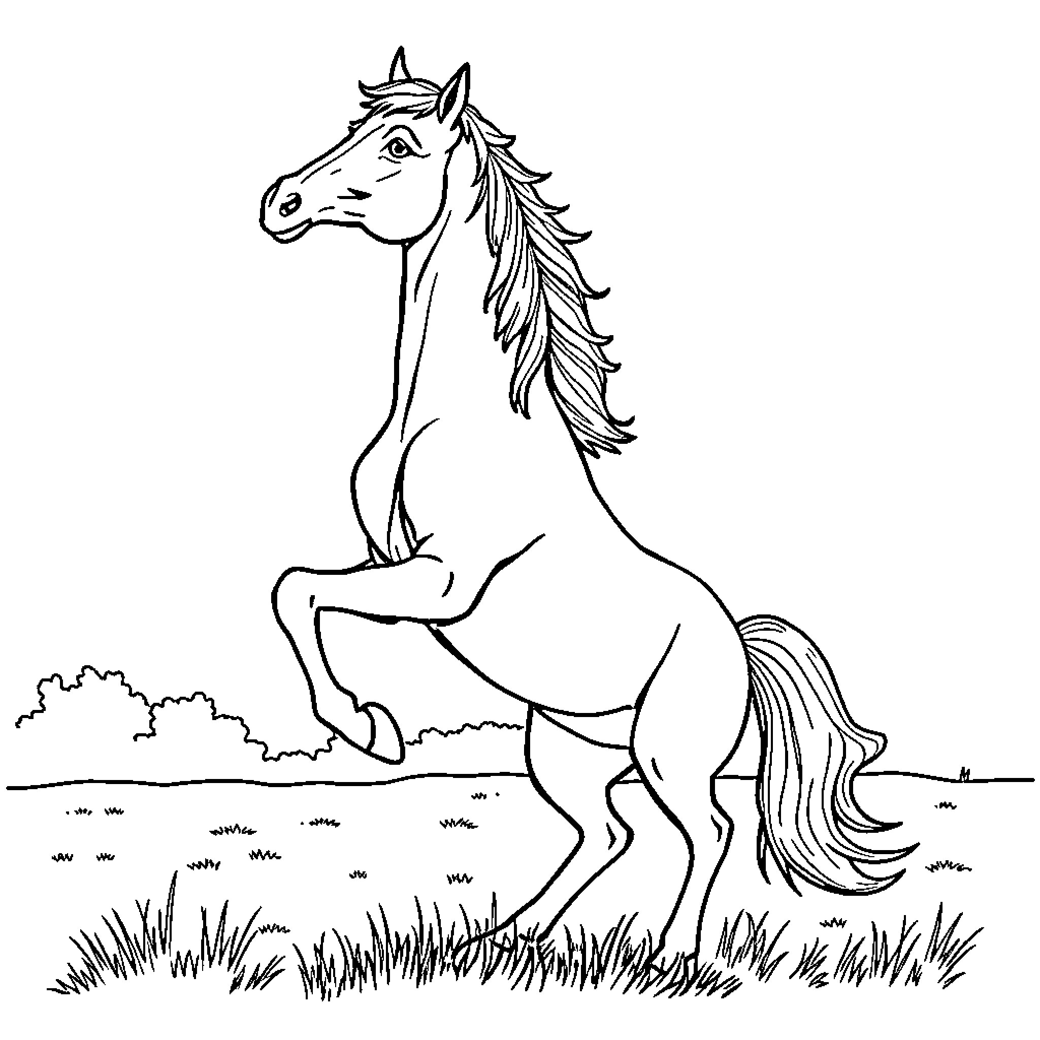 Horse galloping freely in the field Coloring Page (free black-and-white line drawing printable PDF for all, from beginners to advanced learners, including children, teens, adults, and seniors)