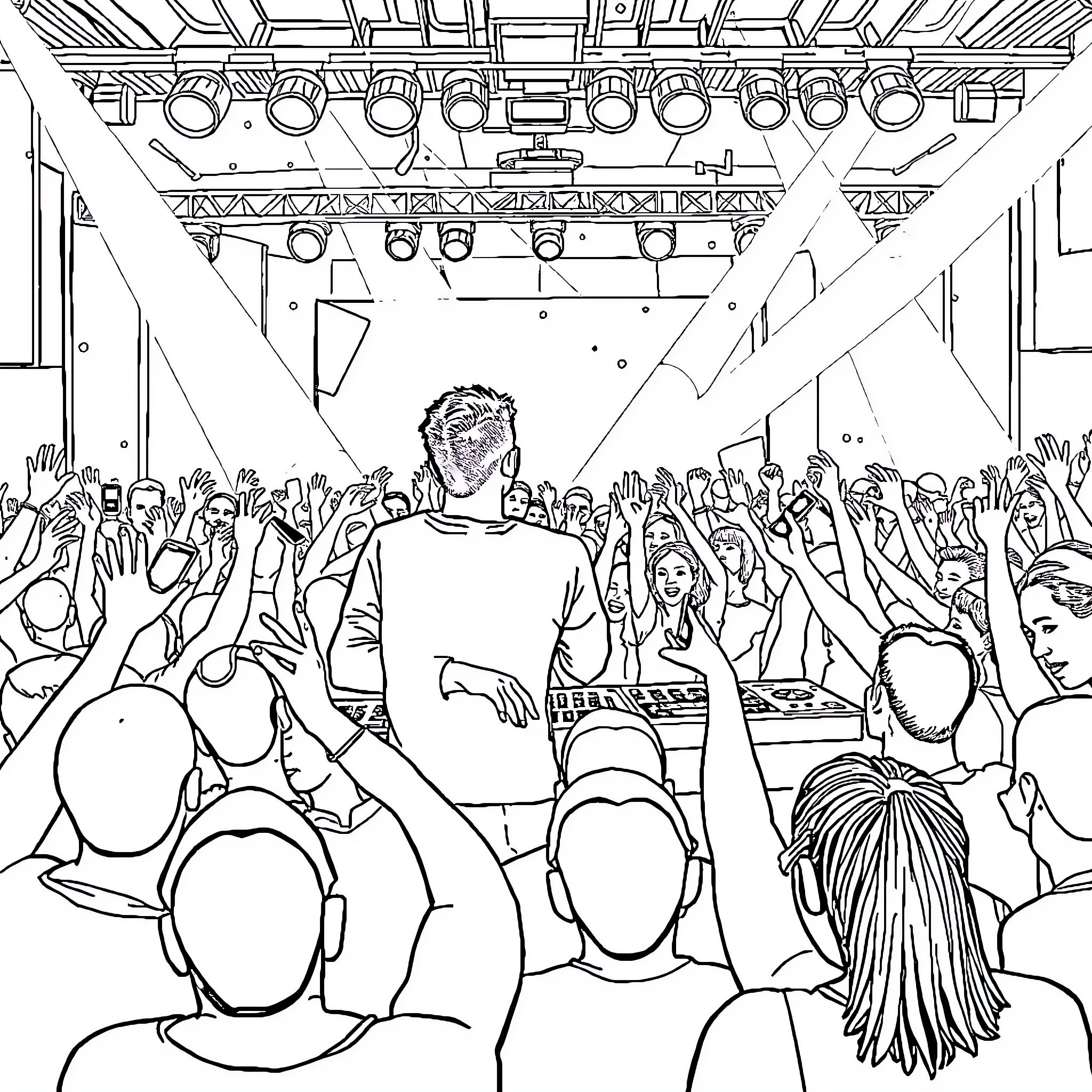 Avicii performing on stage with excited crowd Coloring Page (free black-and-white line drawing printable PDF for all, from beginners to advanced learners, including children, teens, adults, and seniors)