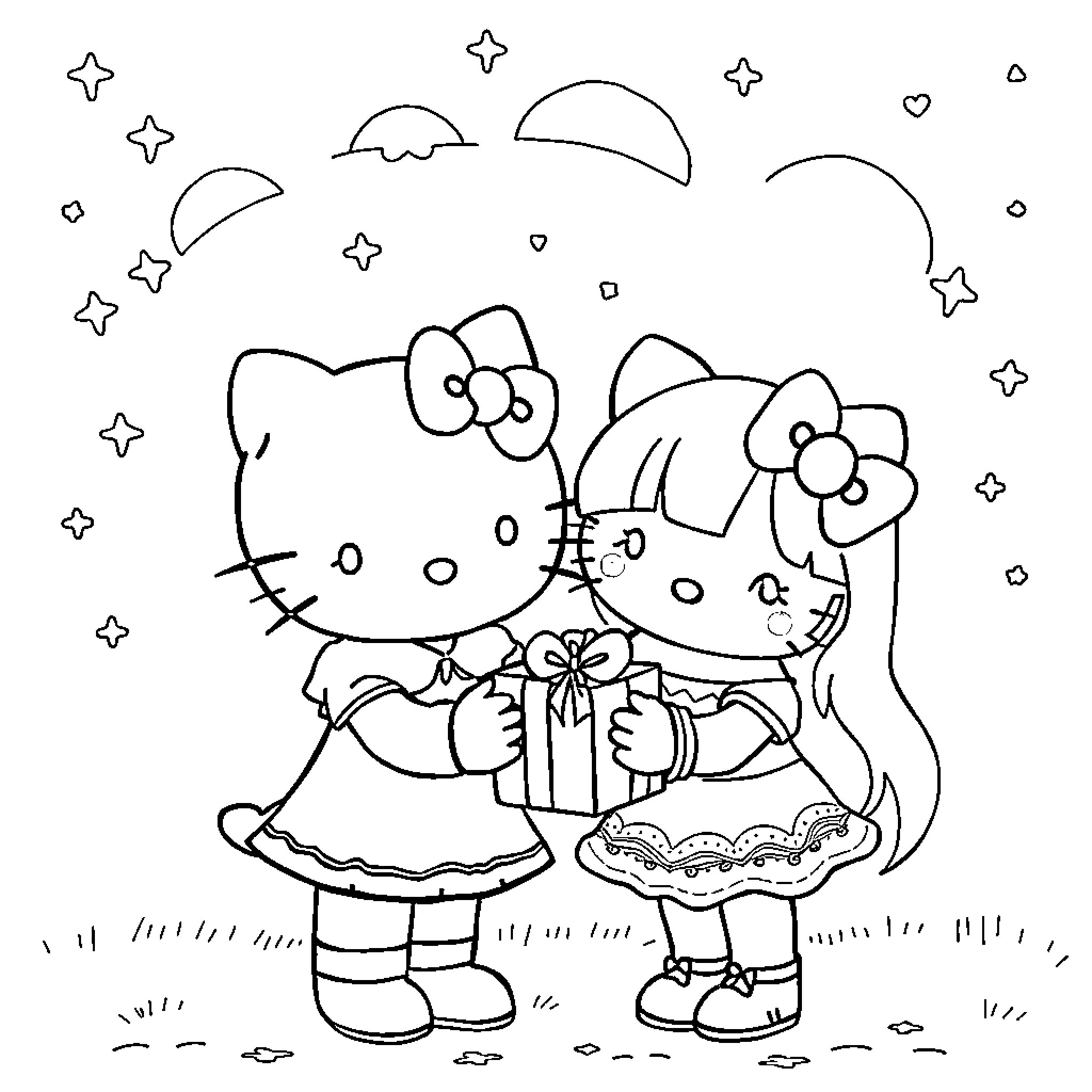 Hello Kitty and friends in a festive scene Coloring Page (free black-and-white line drawing printable PDF for all, from beginners to advanced learners, including children, teens, adults, and seniors)
