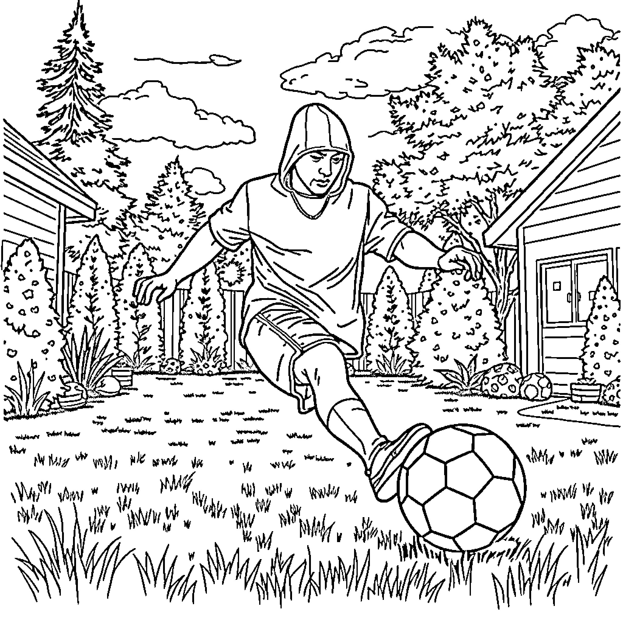 Eminem relaxing and playing soccer in the countryside Coloring Page (free black-and-white line drawing printable PDF for all, from beginners to advanced learners, including children, teens, adults, and seniors)