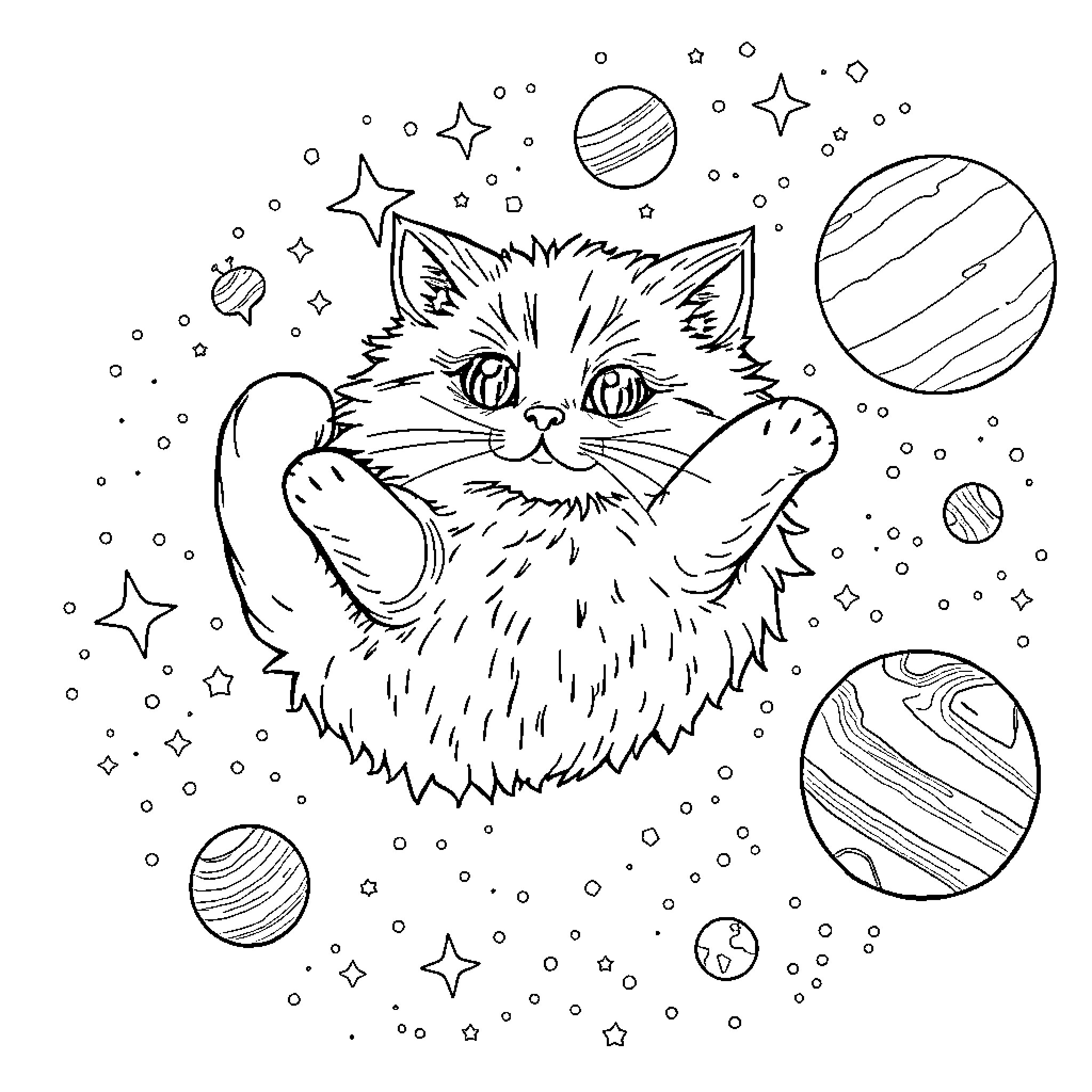 Cat in Space Adventure with Planets and Stars Coloring Page (free black-and-white line drawing printable PDF for all, from beginners to advanced learners, including children, teens, adults, and seniors)