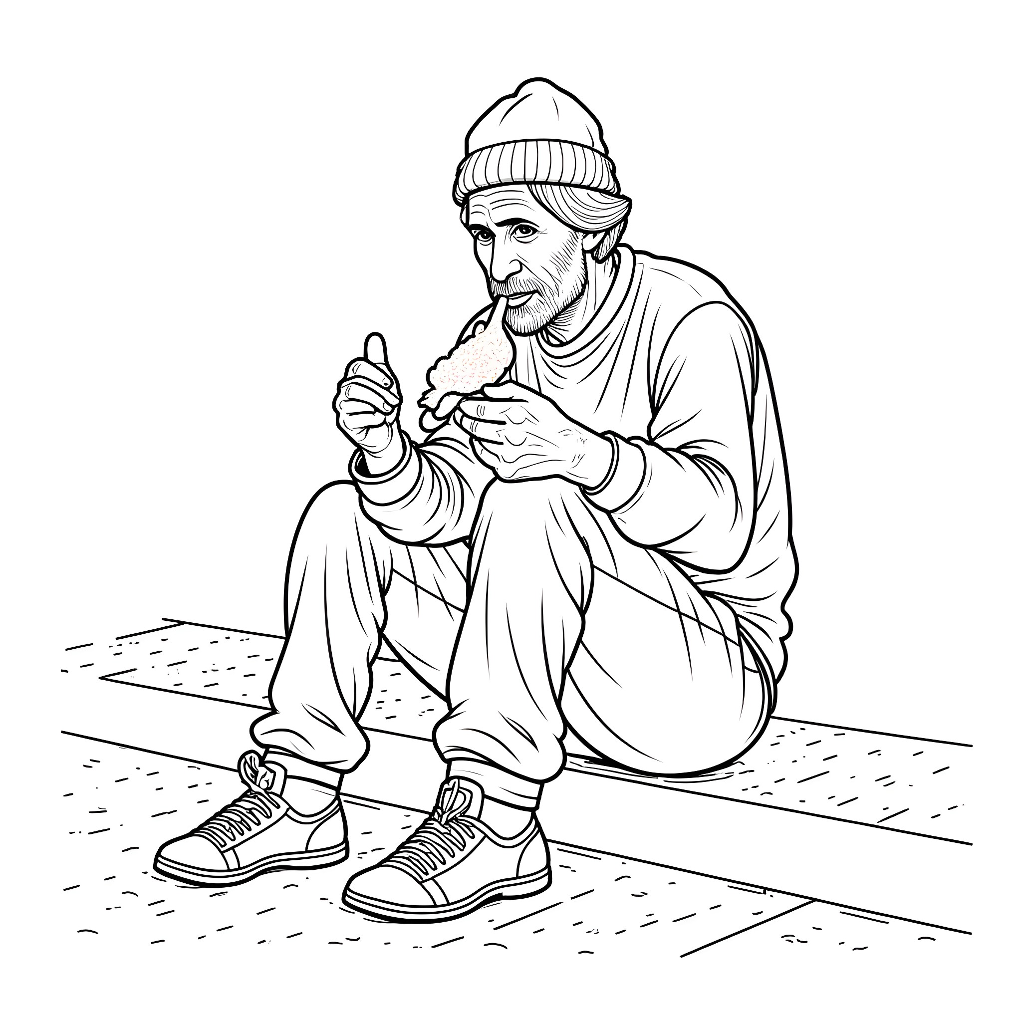 Man sitting on the street in warm attire Coloring Page (free black-and-white line drawing printable PDF for all, from beginners to advanced learners, including children, teens, adults, and seniors)