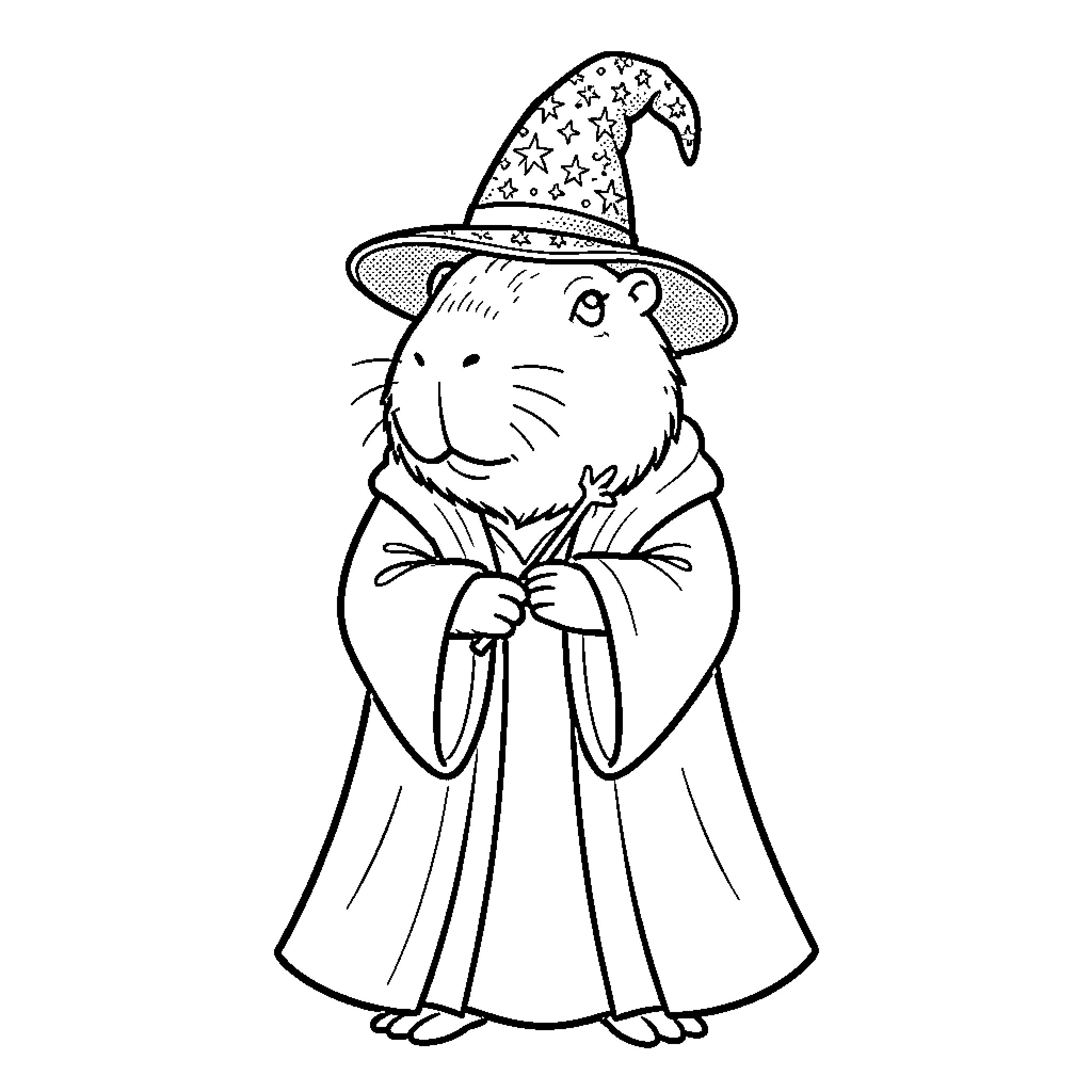 Capybara wearing a wizard's hat and robe Coloring Page (free black-and-white line drawing printable PDF for all, from beginners to advanced learners, including children, teens, adults, and seniors)