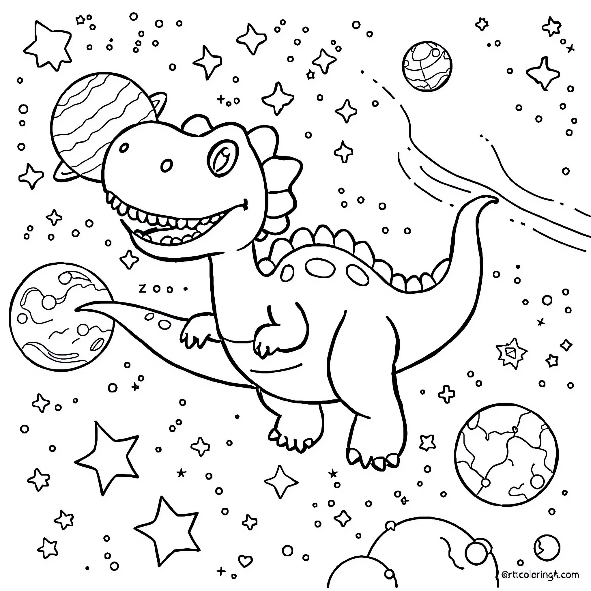 Dinosaur playing in the stars and planets Coloring Page (free black-and-white line drawing printable PDF for all, from beginners to advanced learners, including children, teens, adults, and seniors)