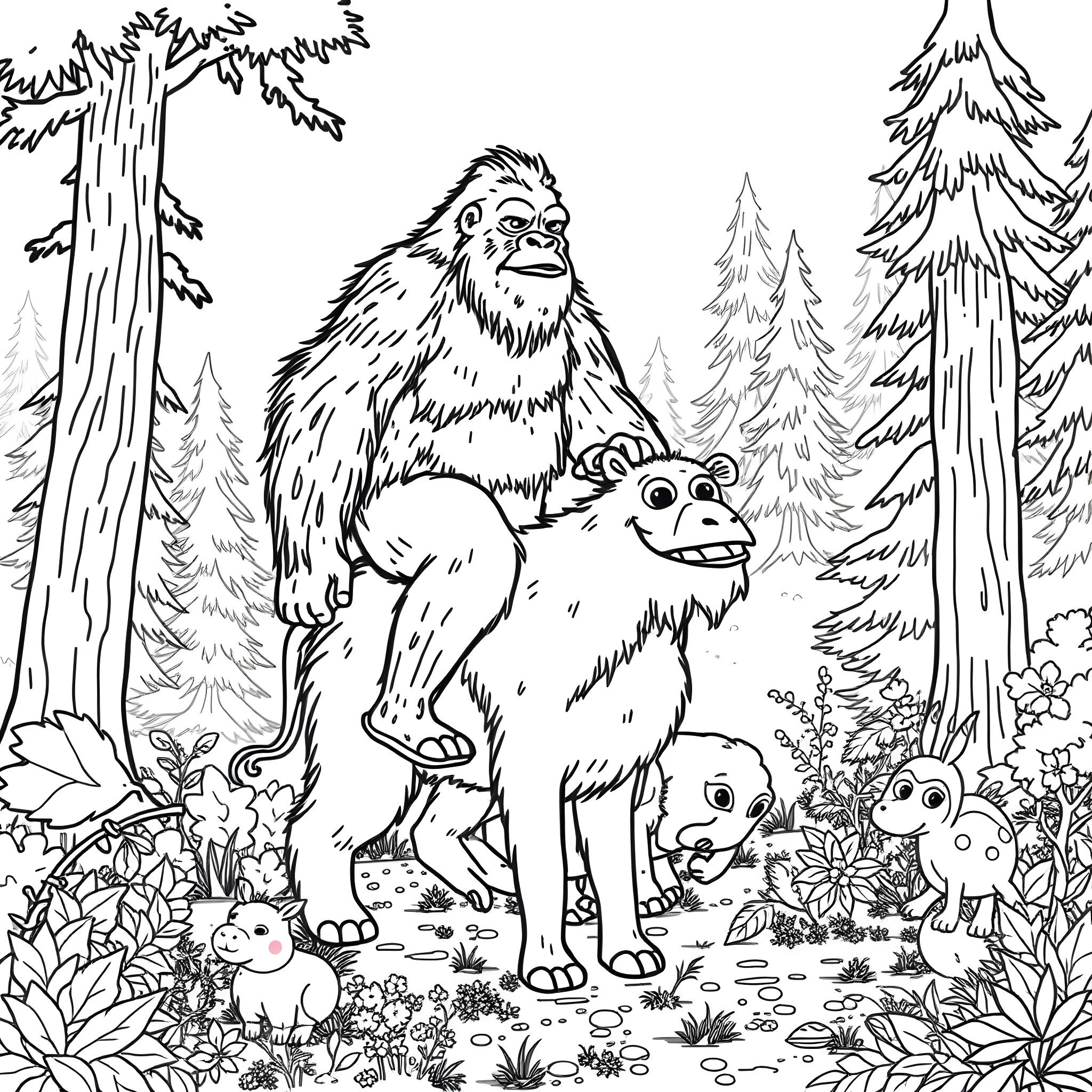 Bigfoot family exploring the forest Coloring Page (free black-and-white line drawing printable PDF for all, from beginners to advanced learners, including children, teens, adults, and seniors)