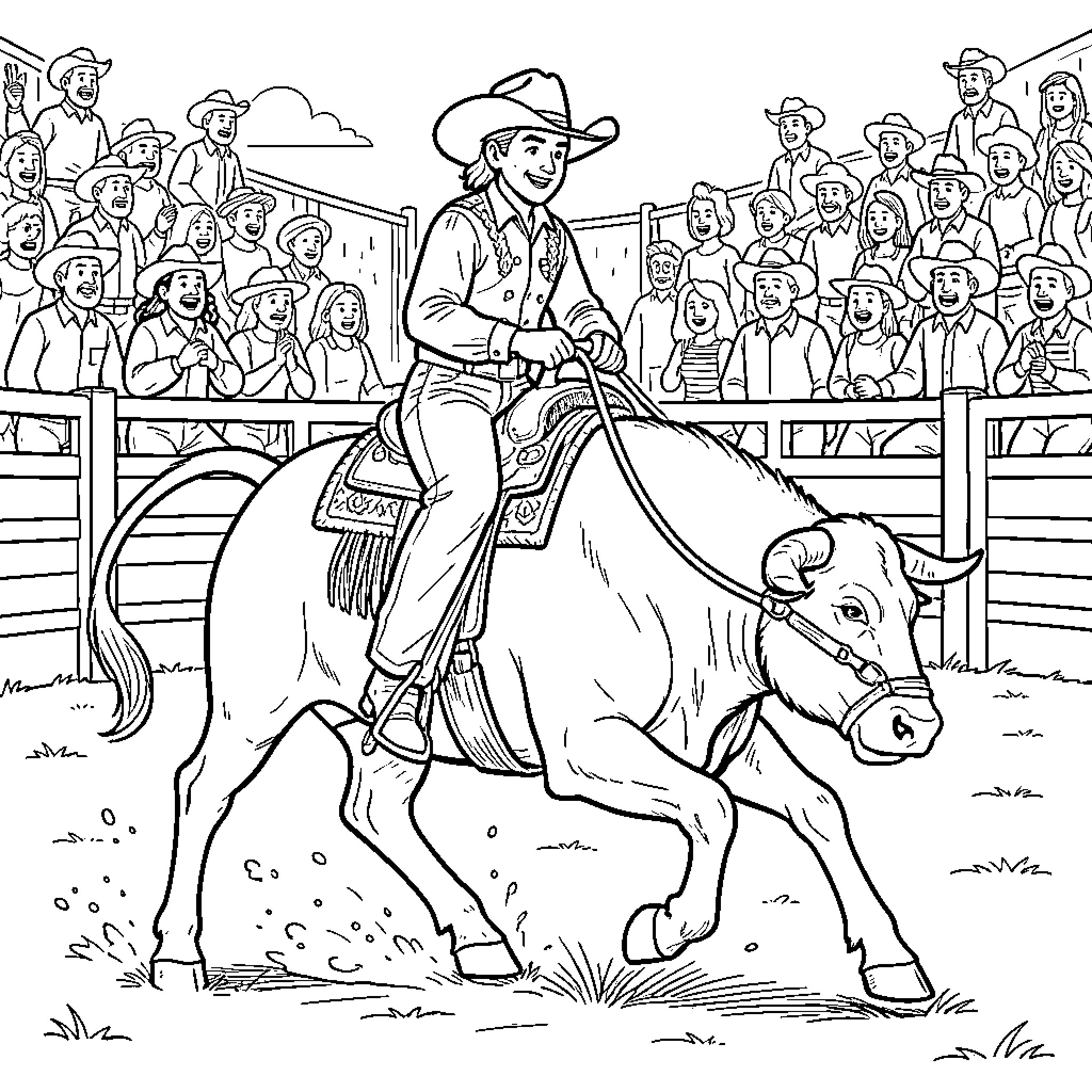 Cowboy riding a bull in a rodeo arena Coloring Page (free black-and-white line drawing printable PDF for all, from beginners to advanced learners, including children, teens, adults, and seniors)