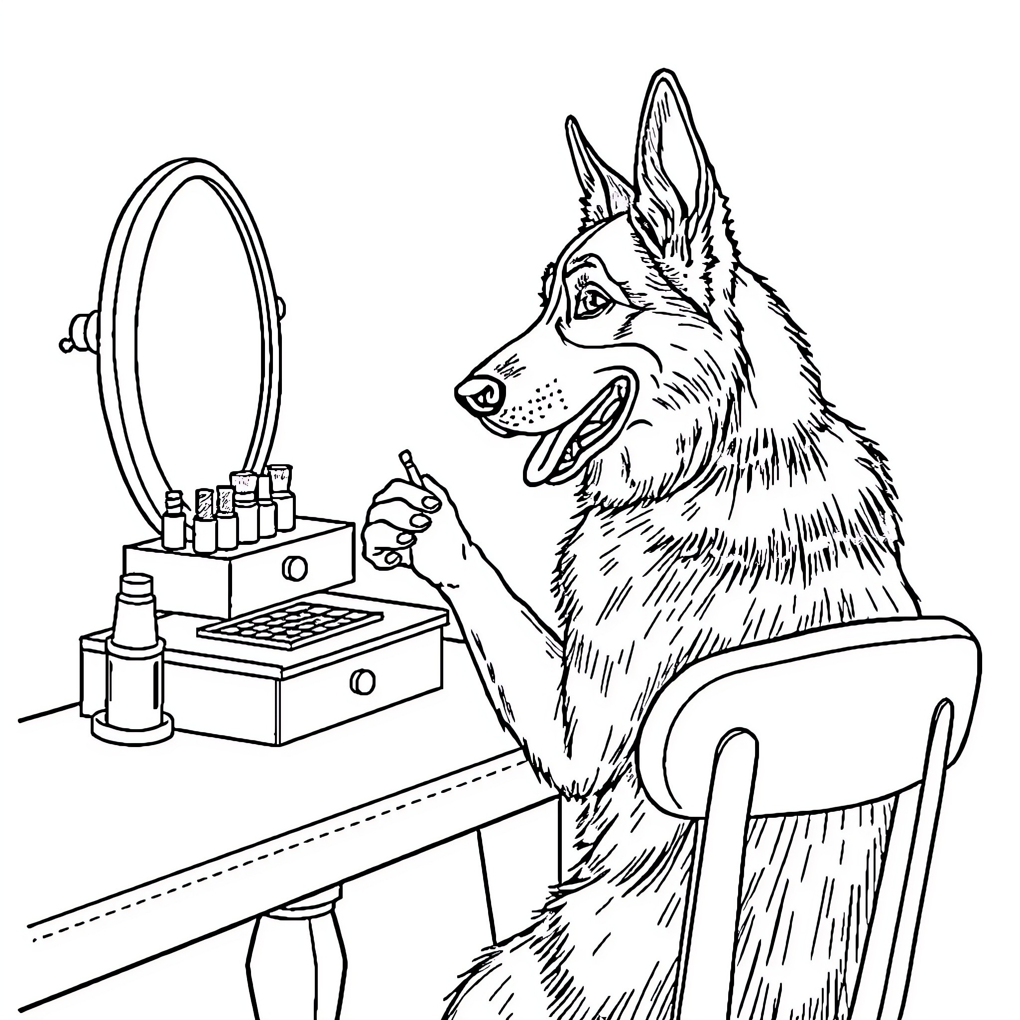 German Shepherd Grooming and Primping Coloring Page (free black-and-white line drawing printable PDF for all, from beginners to advanced learners, including children, teens, adults, and seniors)