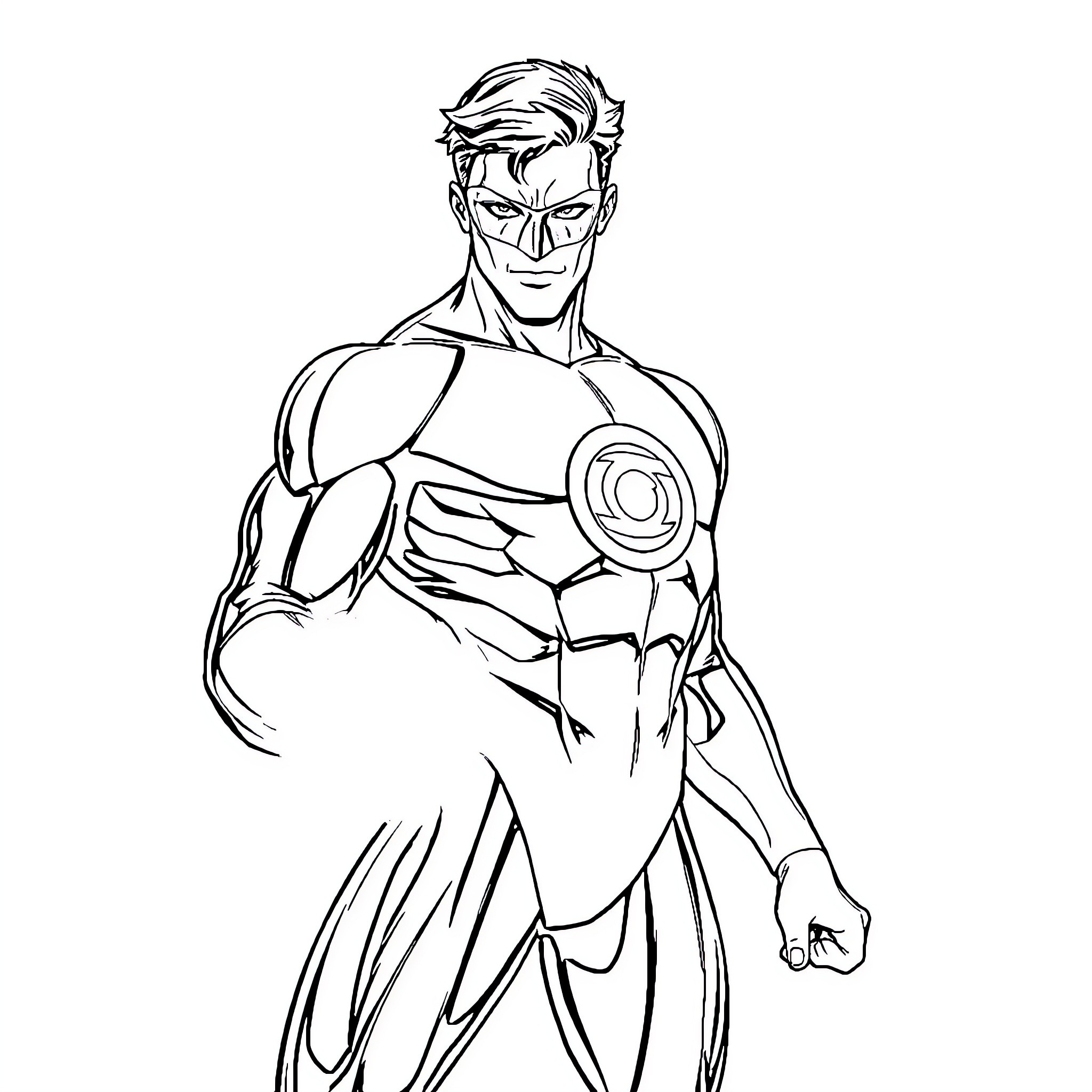 Green Lantern heroically posing in action pose Coloring Page (free black-and-white line drawing printable PDF for all, from beginners to advanced learners, including children, teens, adults, and seniors)