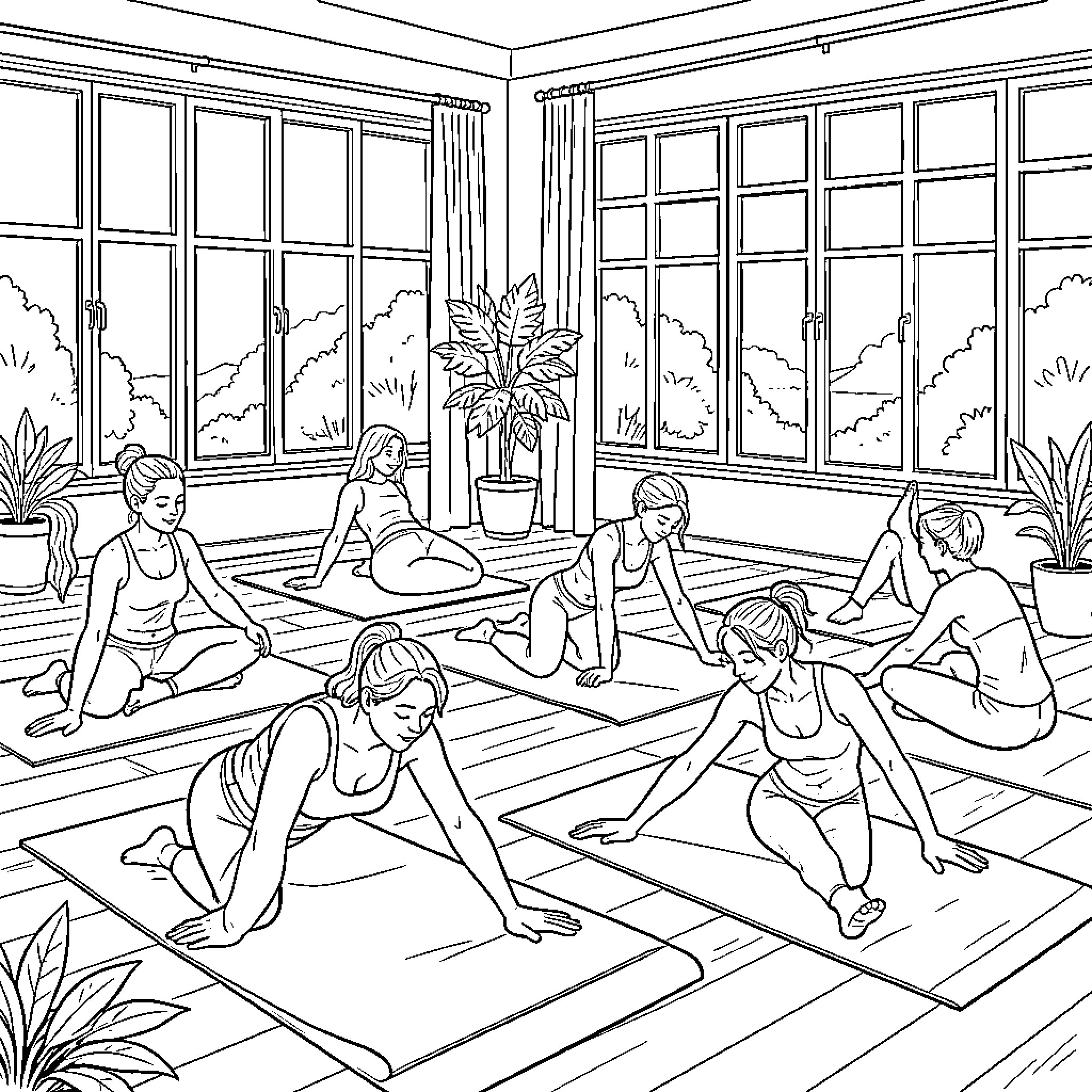 Yoga session in serene indoor setting Coloring Page (free black-and-white line drawing printable PDF for all, from beginners to advanced learners, including children, teens, adults, and seniors)