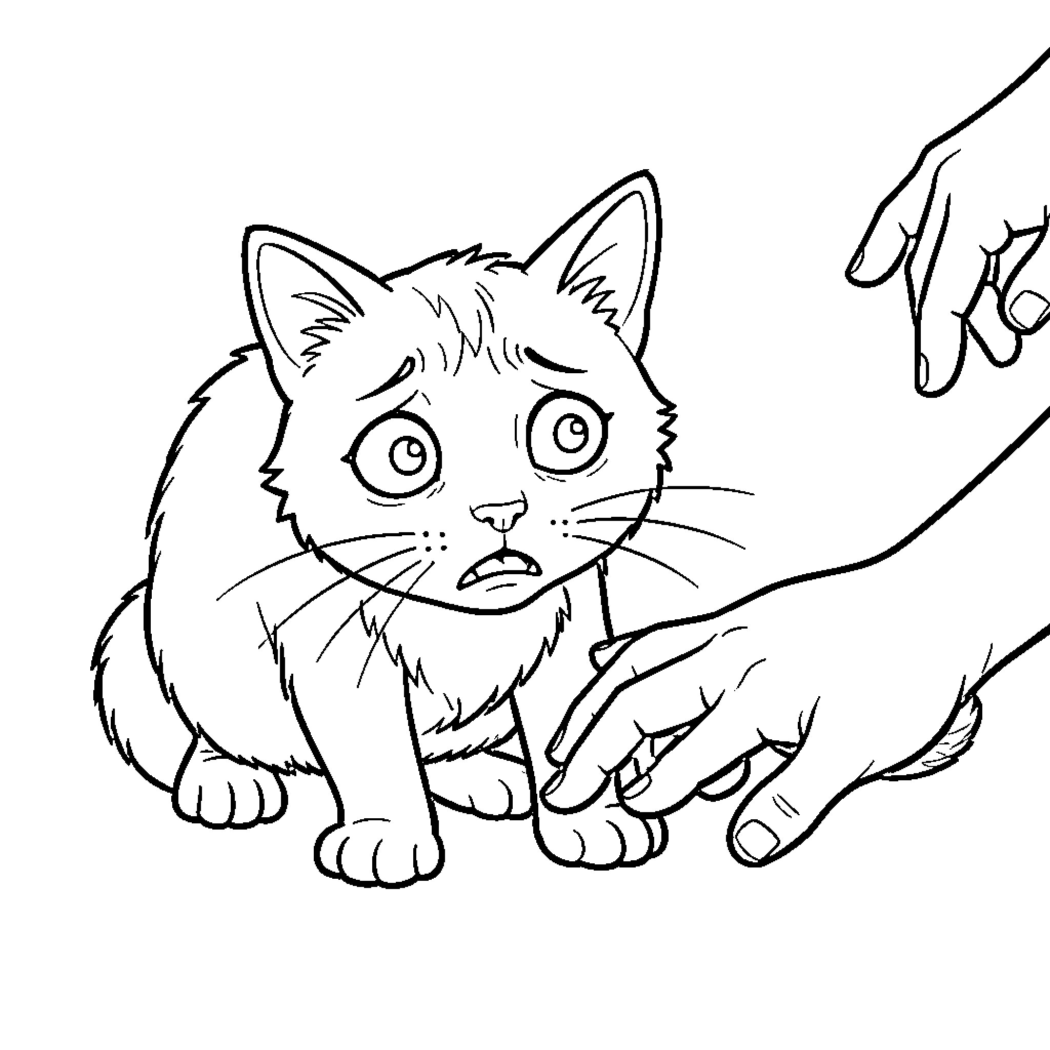 Cat feeling startled by surrounding hands Coloring Page (free black-and-white line drawing printable PDF for all, from beginners to advanced learners, including children, teens, adults, and seniors)