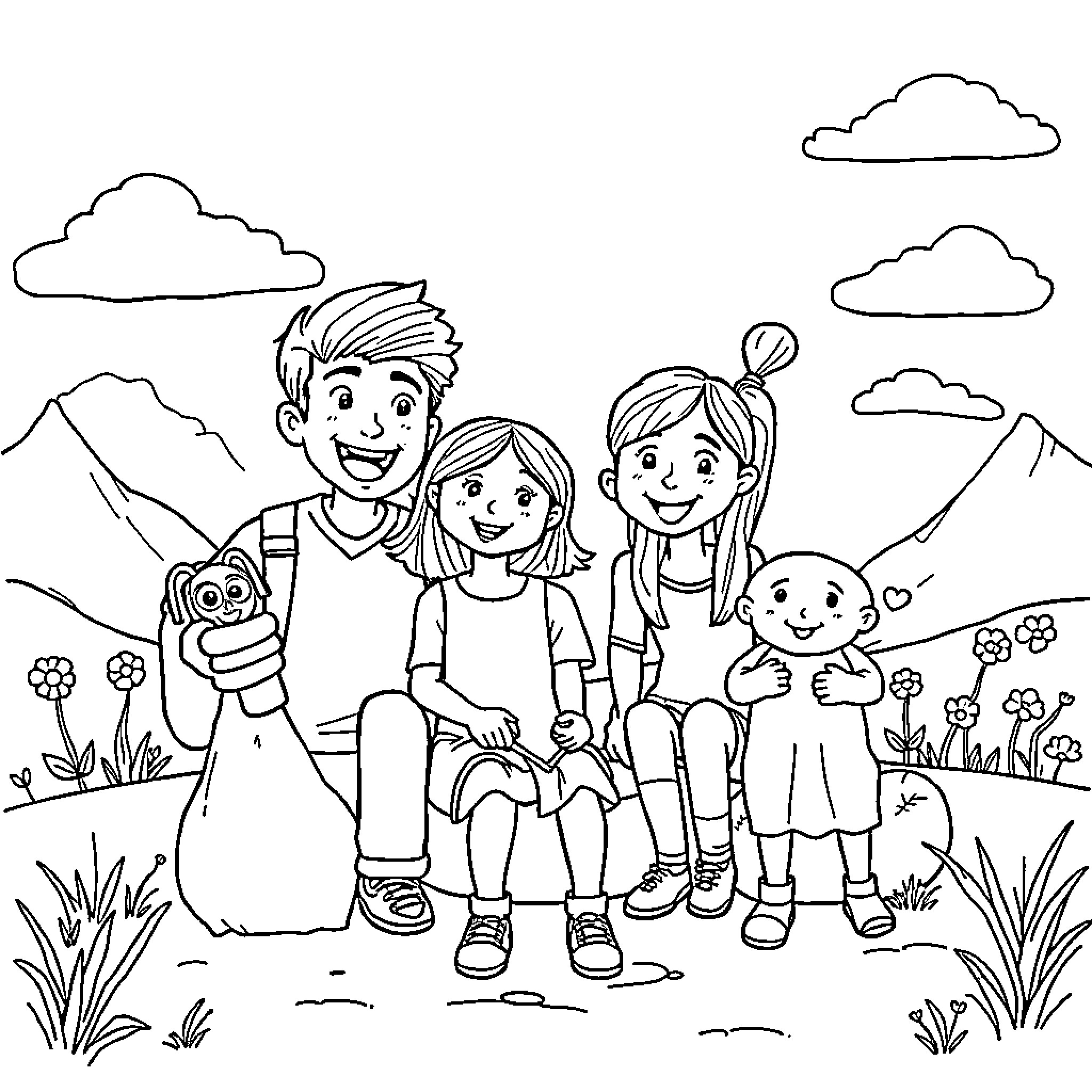 YouTube Family Enjoying Outdoor Adventure Coloring Page (free black-and-white line drawing printable PDF for all, from beginners to advanced learners, including children, teens, adults, and seniors)