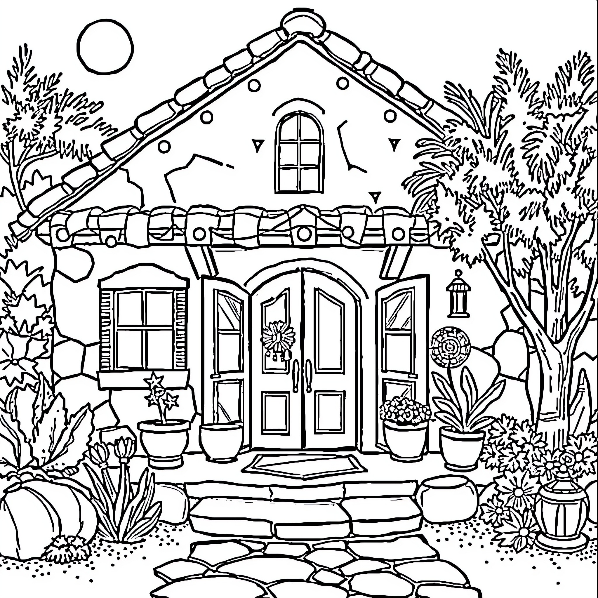 House with Whimsical Garden and Floral Decor Coloring Page (free black-and-white line drawing printable PDF for all, from beginners to advanced learners, including children, teens, adults, and seniors)