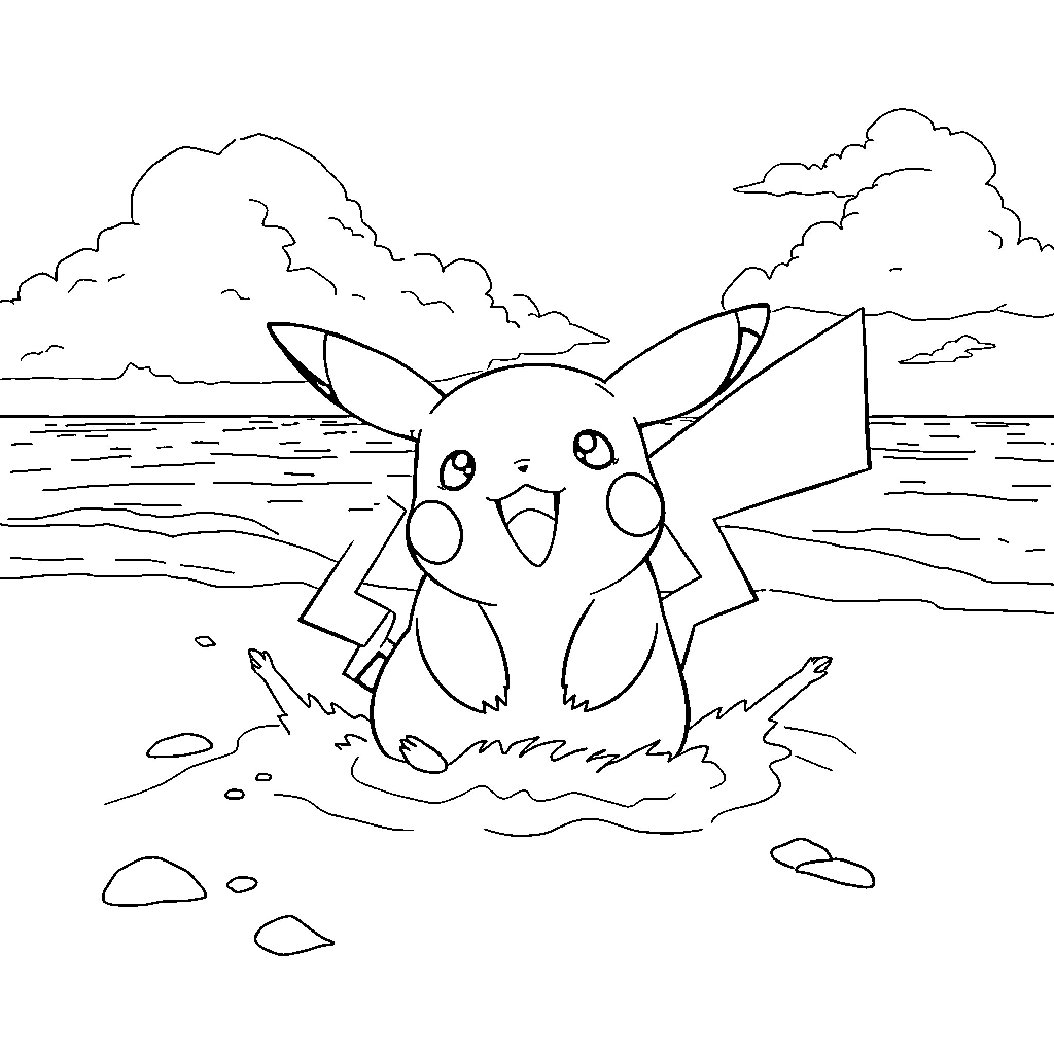 Pikachu enjoying the beach in a joyful pose Coloring Page (free black-and-white line drawing printable PDF for all, from beginners to advanced learners, including children, teens, adults, and seniors)