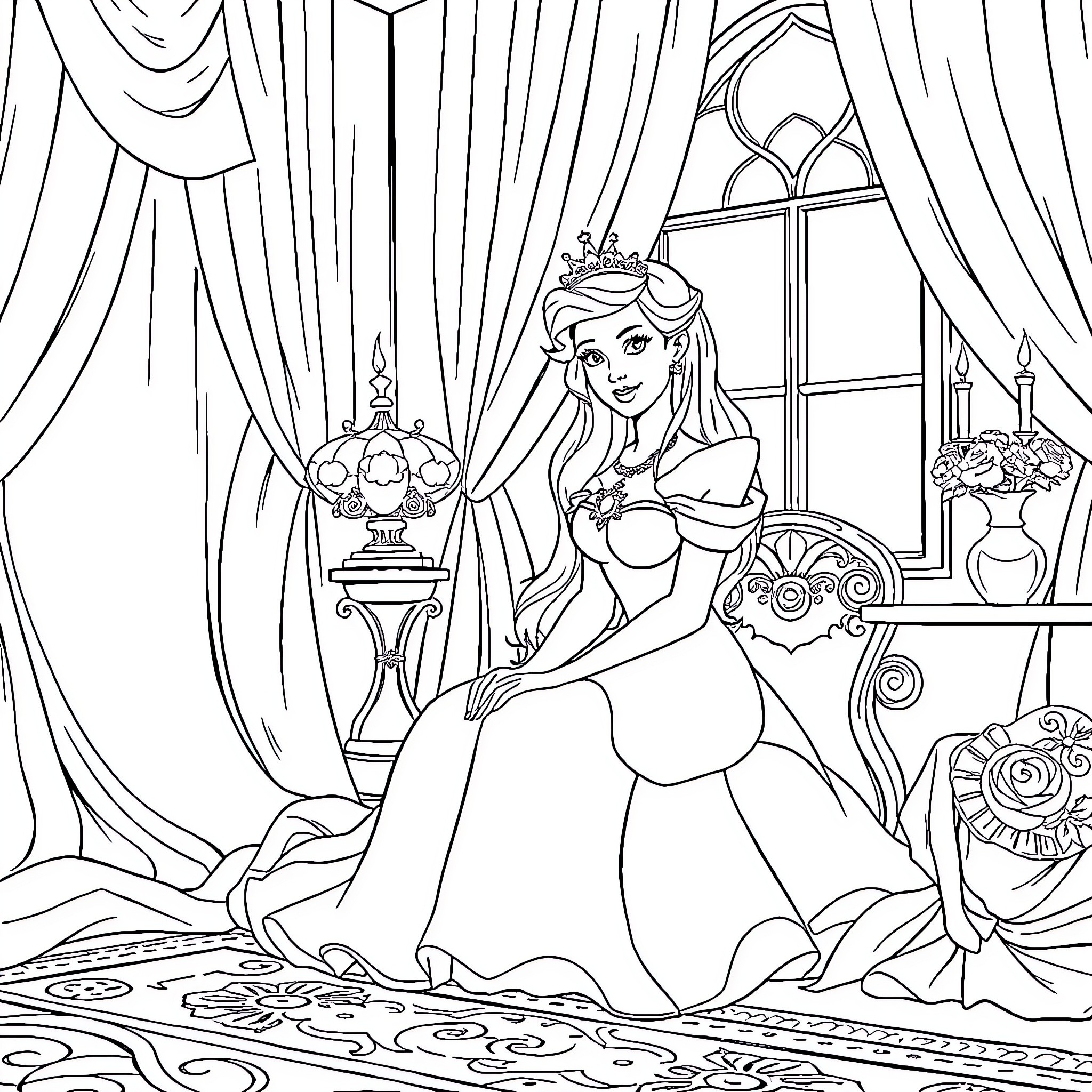 Princess Relaxing in Her Elegant Chamber Coloring Page (free black-and-white line drawing printable PDF for all, from beginners to advanced learners, including children, teens, adults, and seniors)