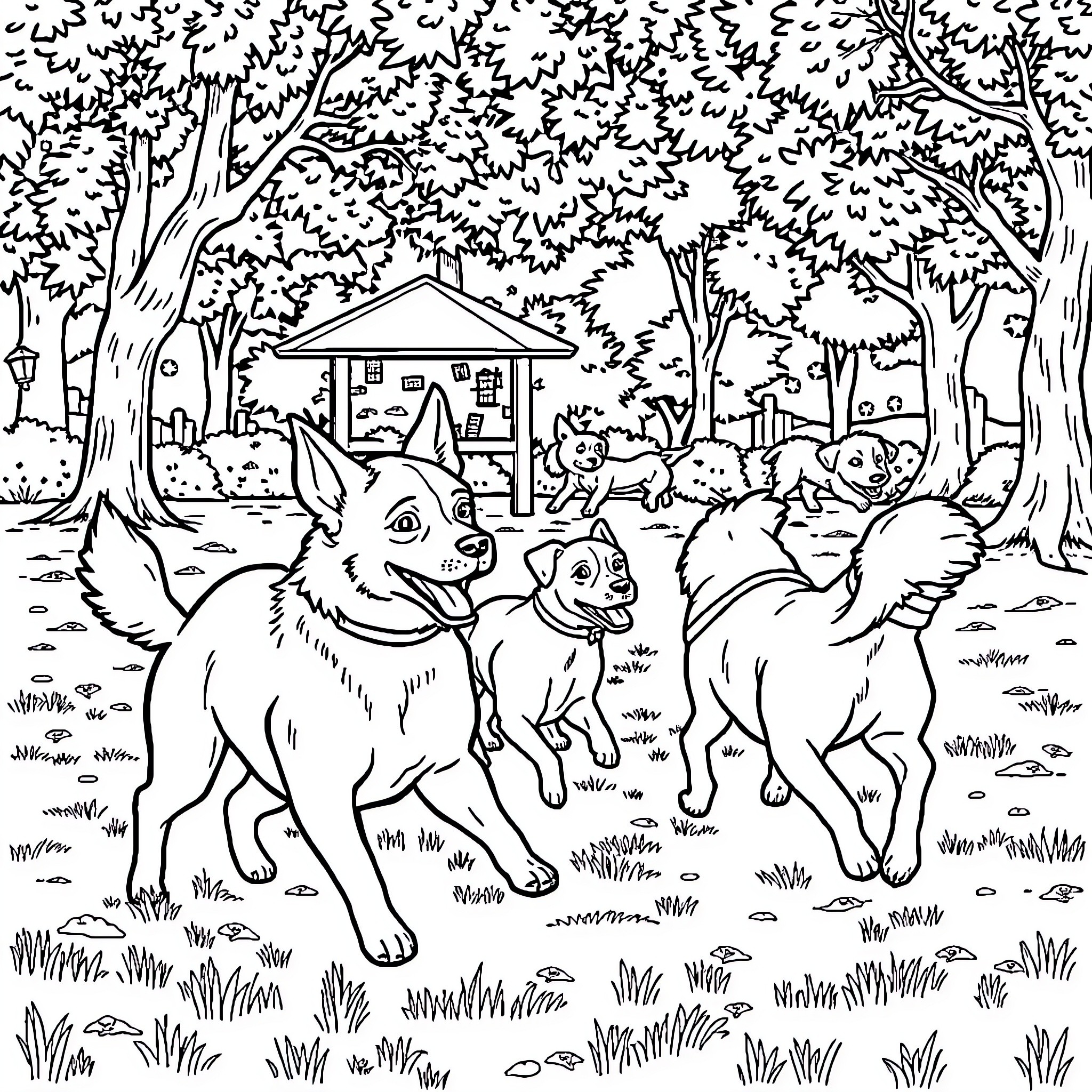 Dog friends exploring the forest scenery Coloring Page (free black-and-white line drawing printable PDF for all, from beginners to advanced learners, including children, teens, adults, and seniors)