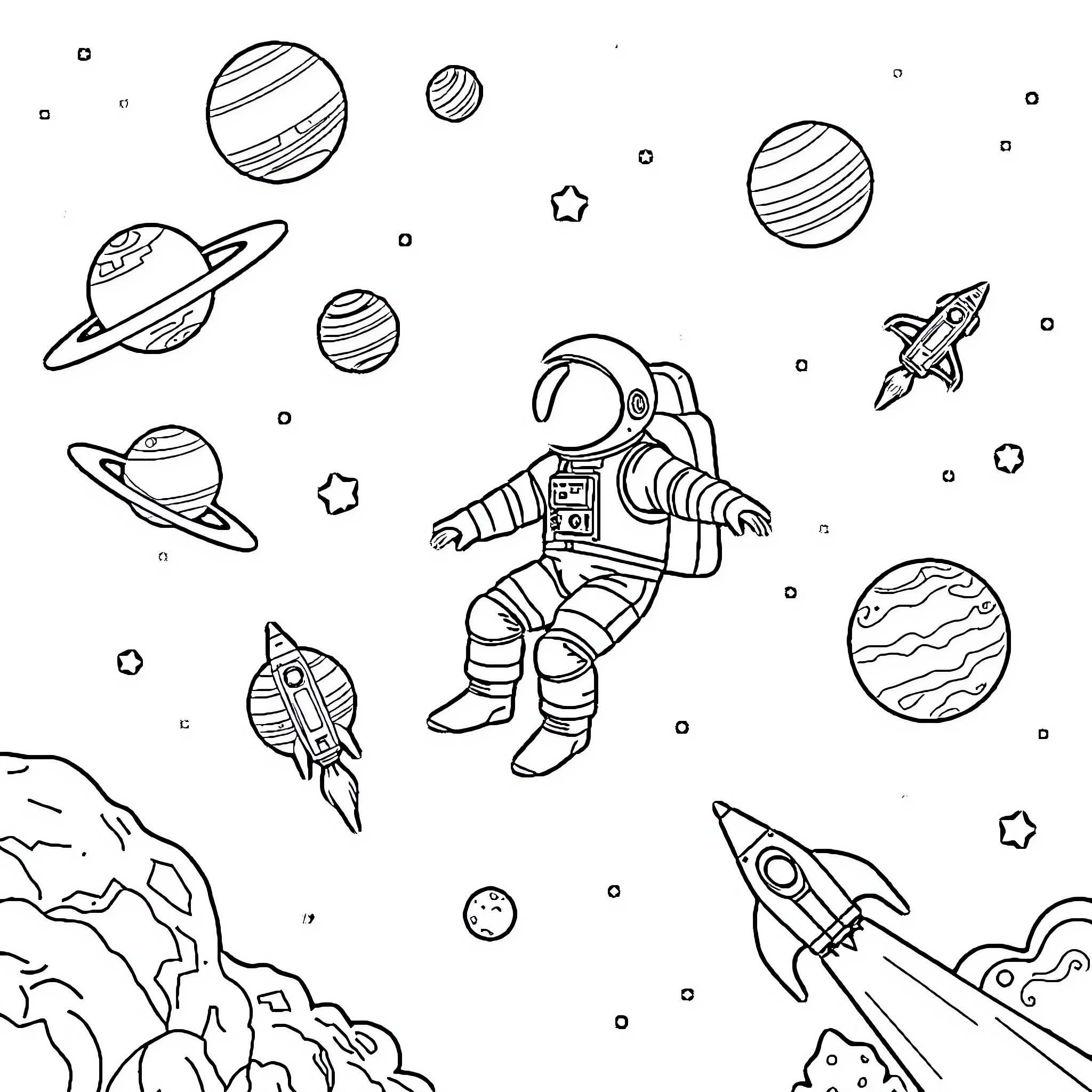 Astronaut exploring the wonders of space Coloring Page (free black-and-white line drawing printable PDF for all, from beginners to advanced learners, including children, teens, adults, and seniors)